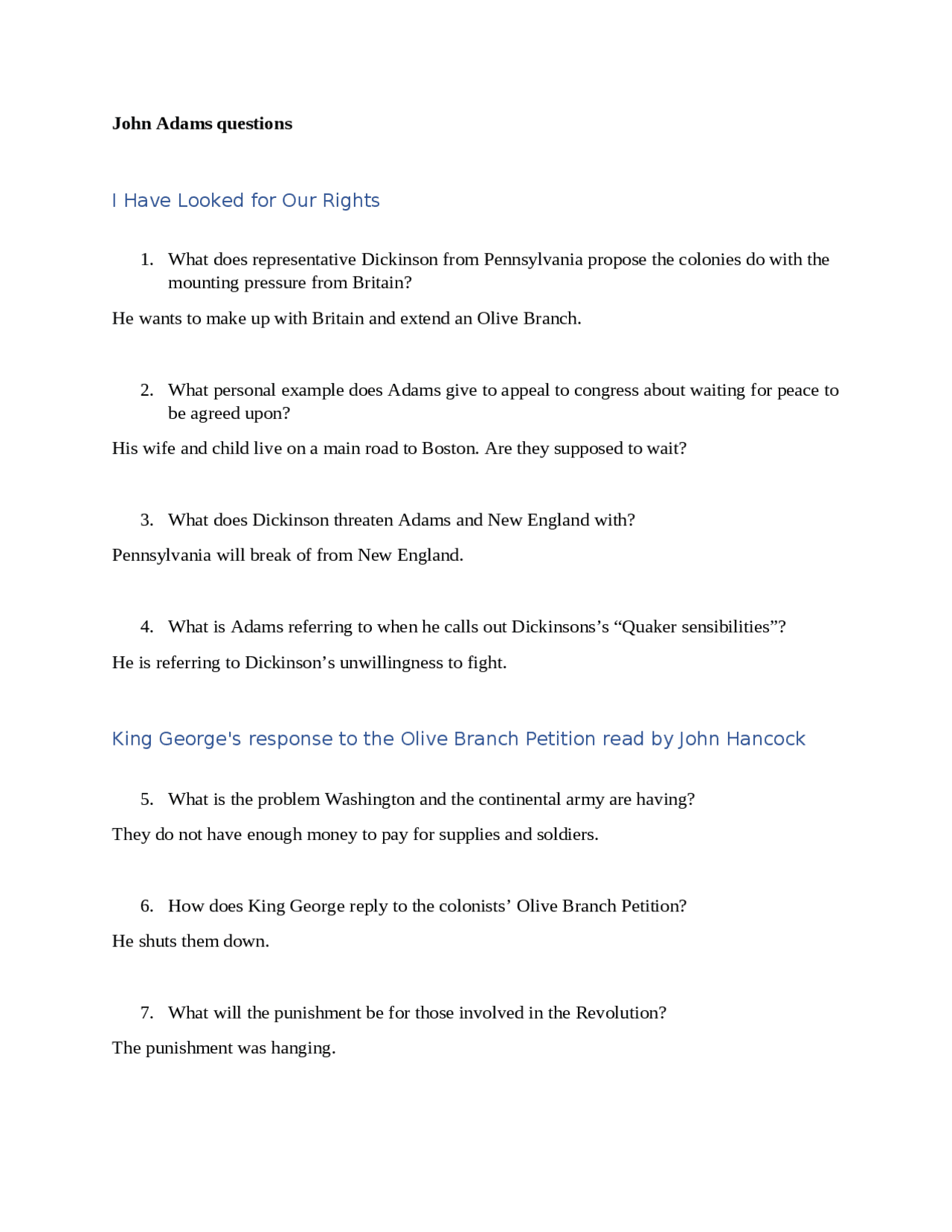 John Adams Questions Cheat Sheet History Docsity