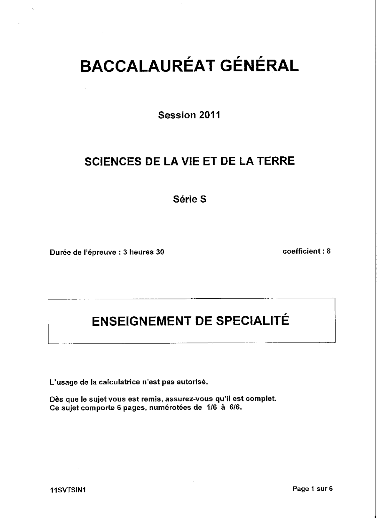 Sujet officiel complet du bac S SVT Spécialité 2011 - Docsity