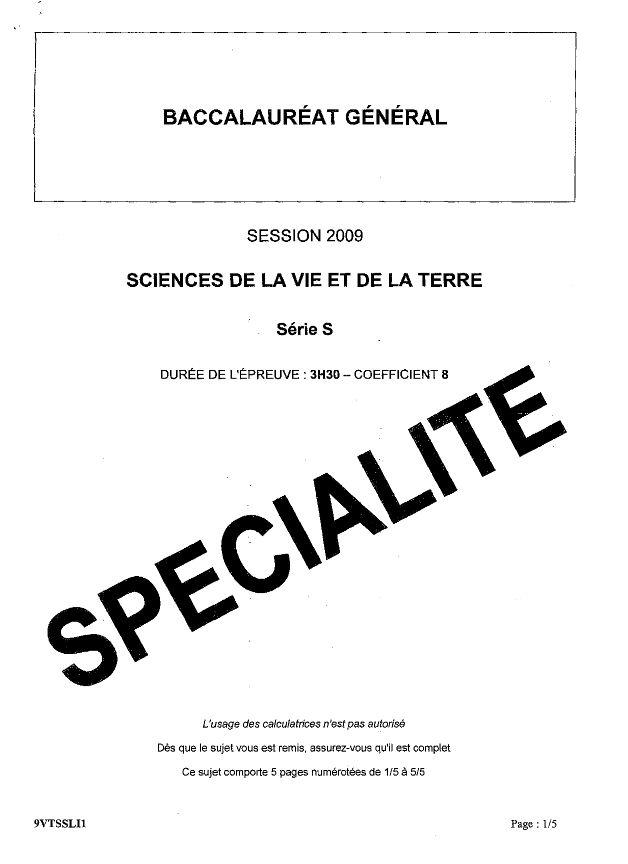 Sujet officiel complet du bac S SVT Spécialité 2009 - Docsity