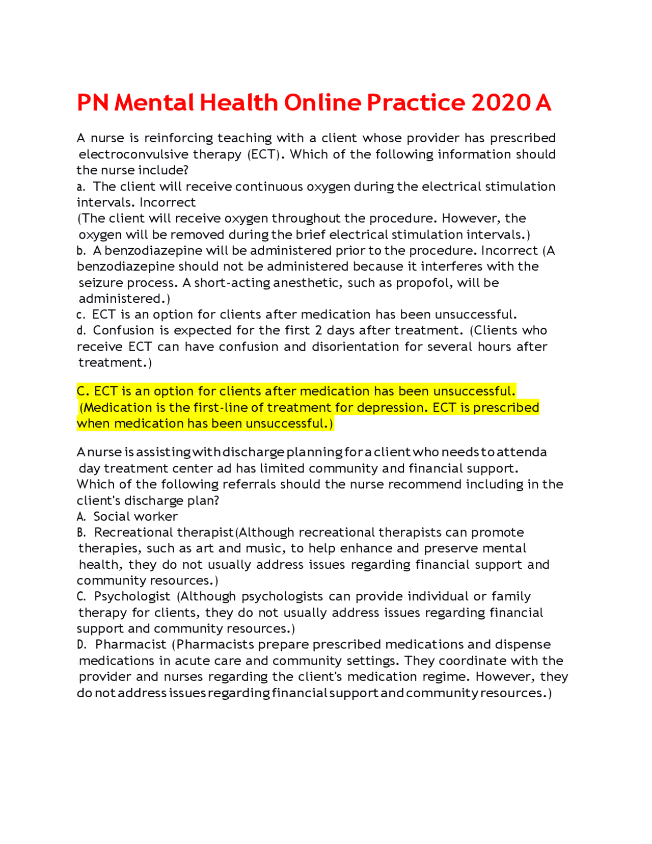 PN Mental Health Online Practice 2020 A. - Docsity