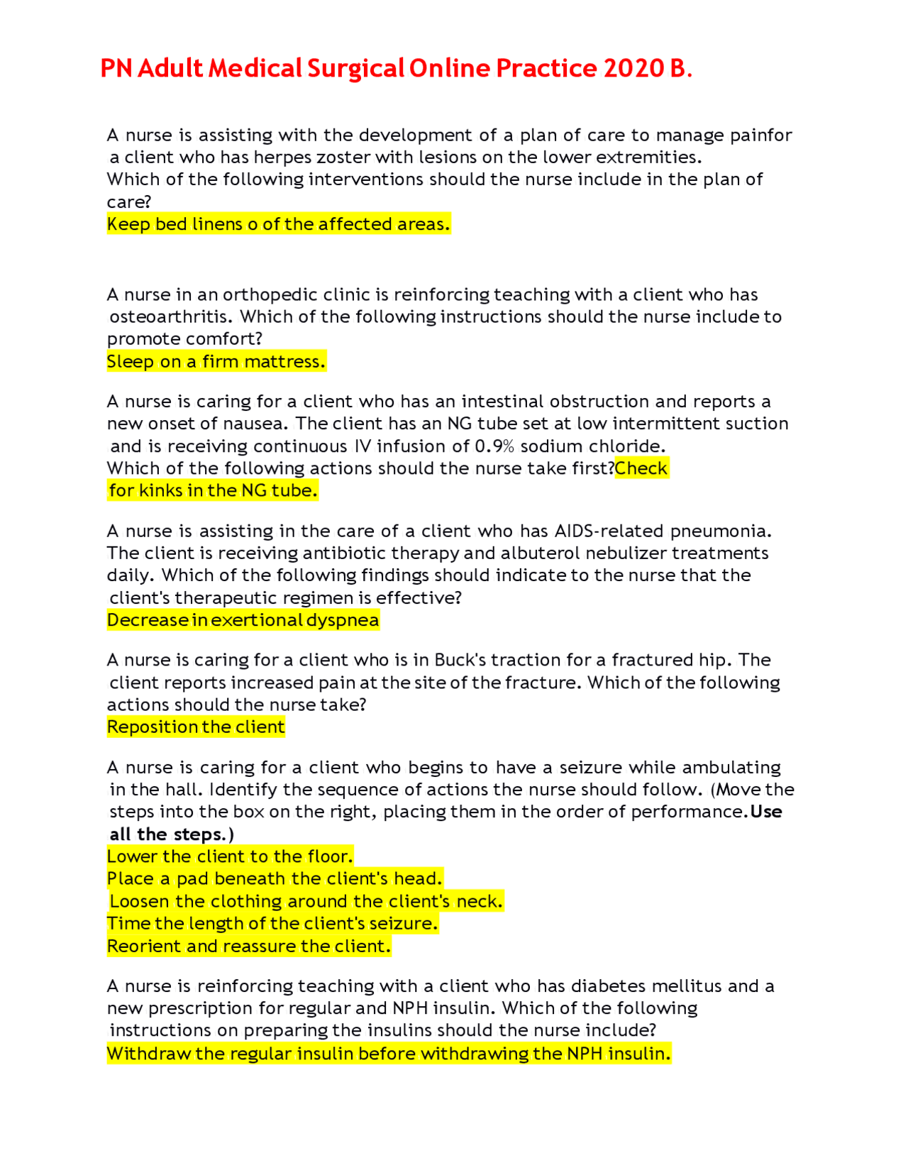 PN Adult Medical Surgical Online Practice 2020 B. | Exams Nursing | Docsity