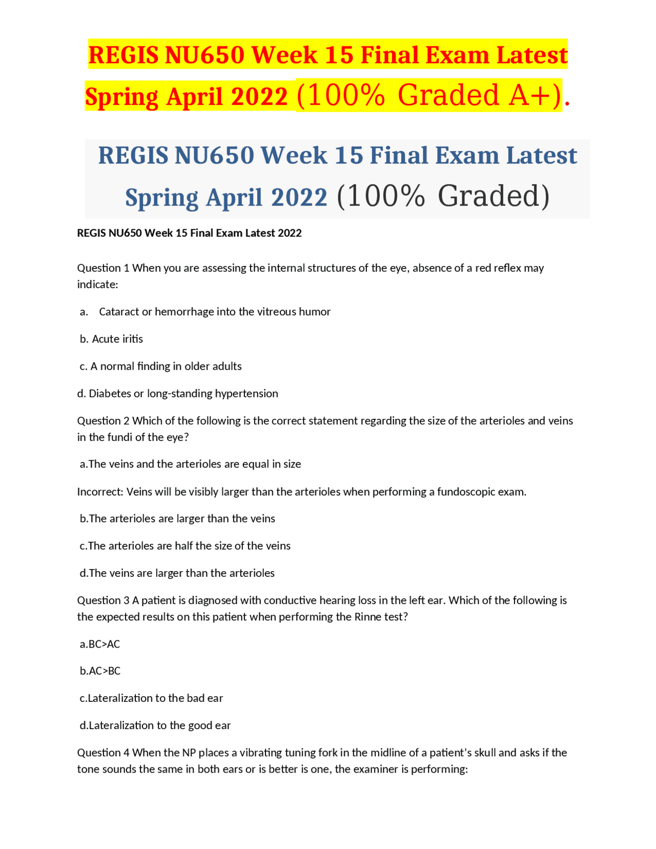 REGIS NU650 Week 15 Final Exam Latest Spring April 2022 (100% Graded A+ ...