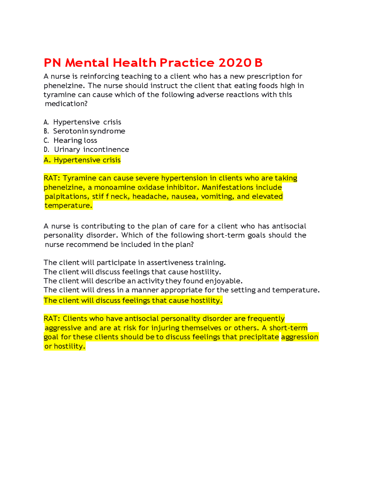 PN Mental Health Practice 2020 B - Docsity