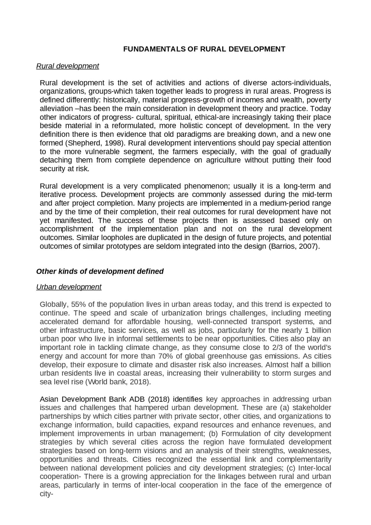 Fundamentals of Rural Development - Docsity