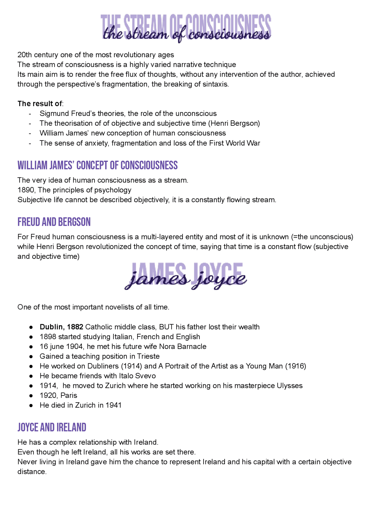 The stream of consciousness and james joyce - Docsity