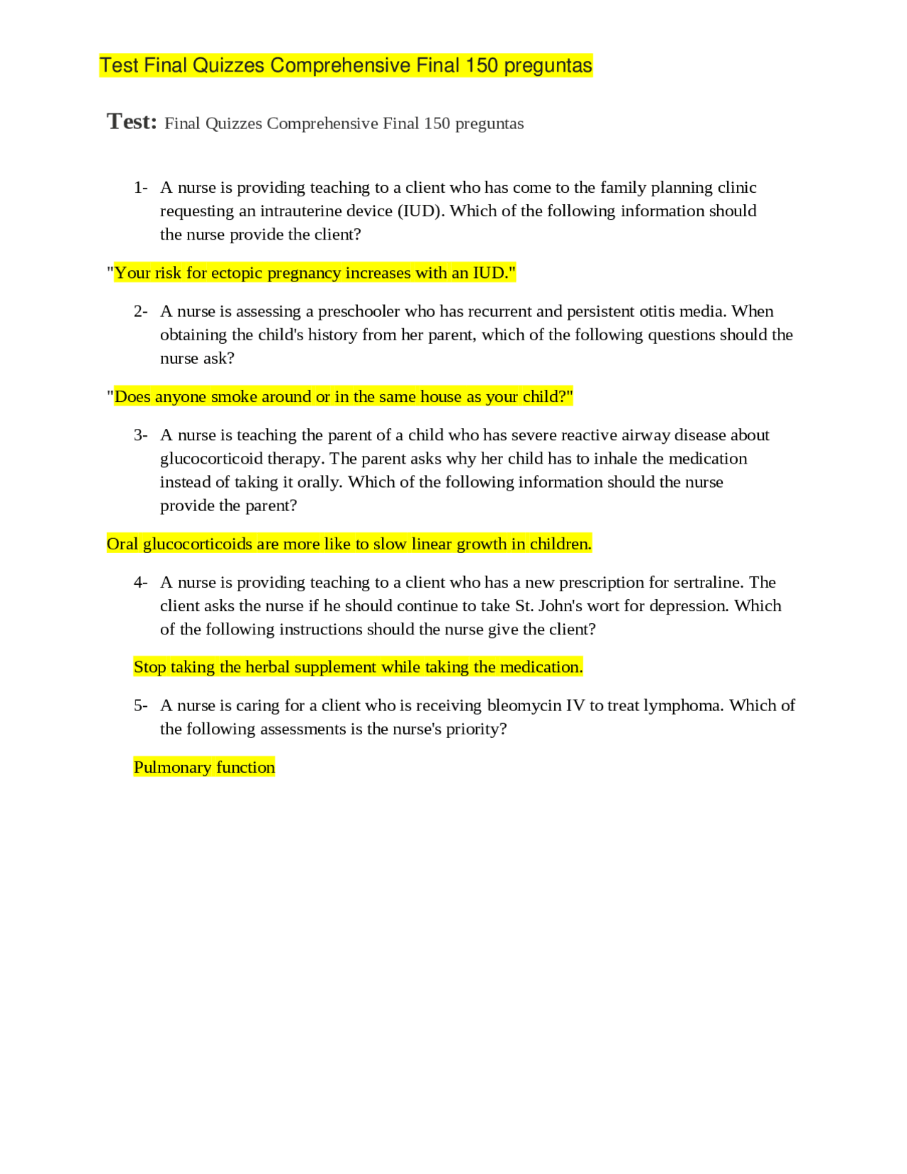 Test Final Quizzes Comprehensive Final 150 preguntas - Docsity