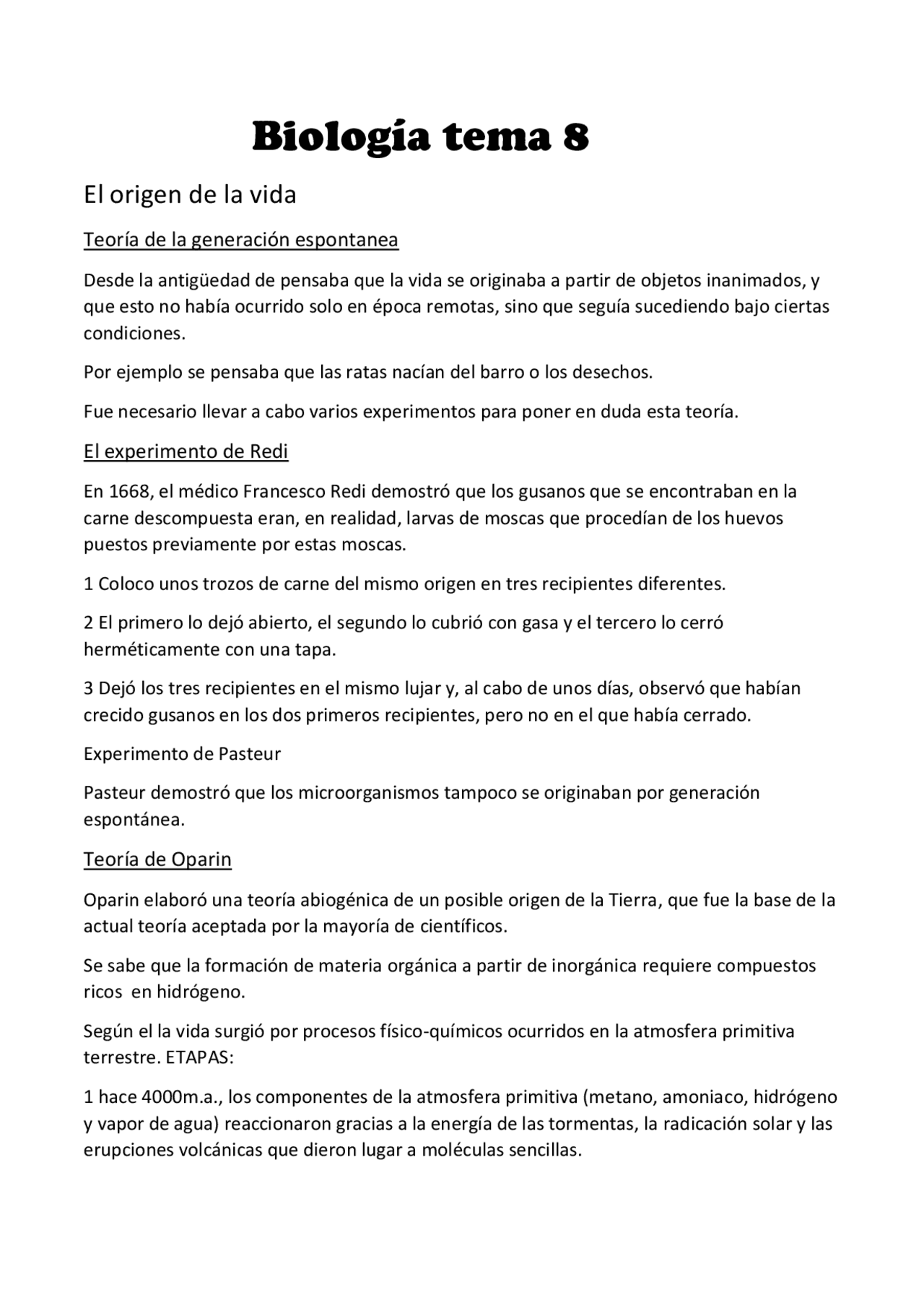 Apuntes Sobre el tema Origen de la vida - Docsity