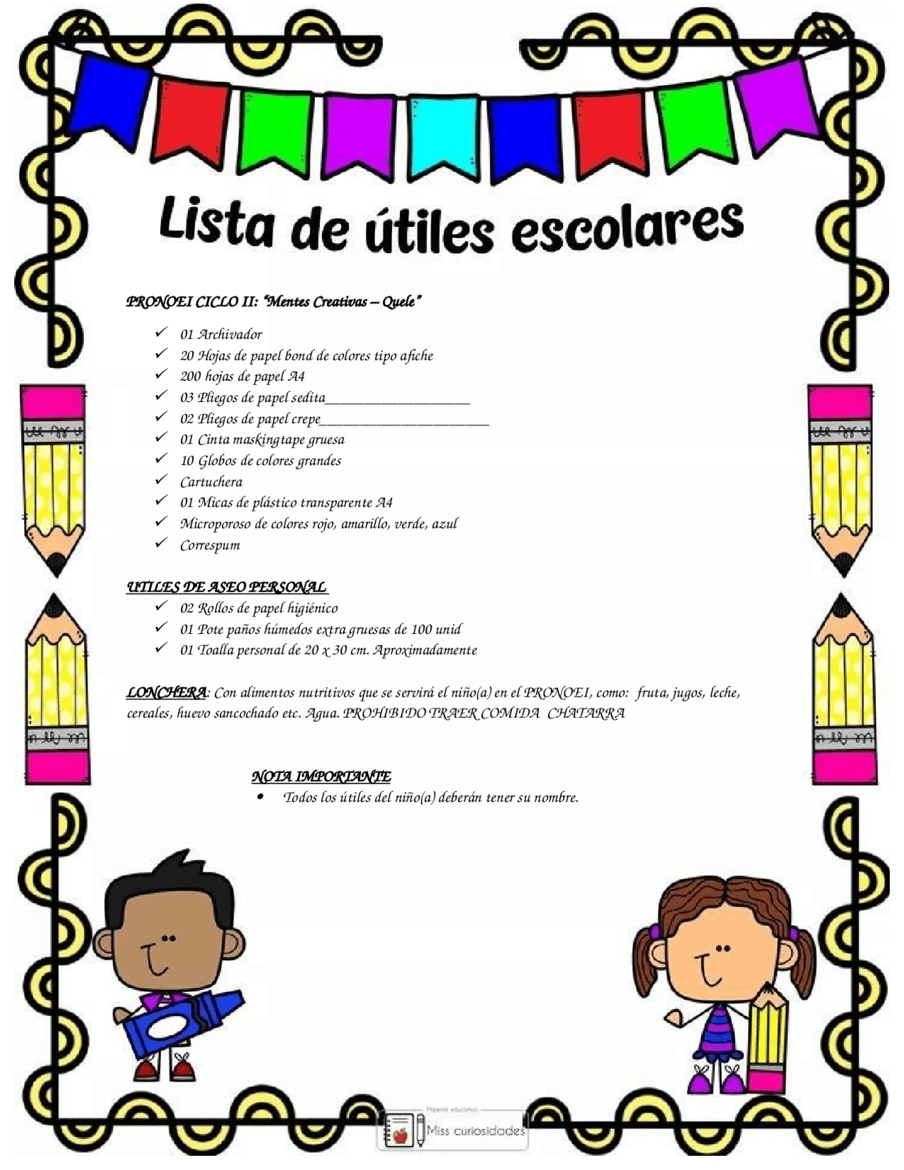 Lista de utiles escolares para inicial Docsity