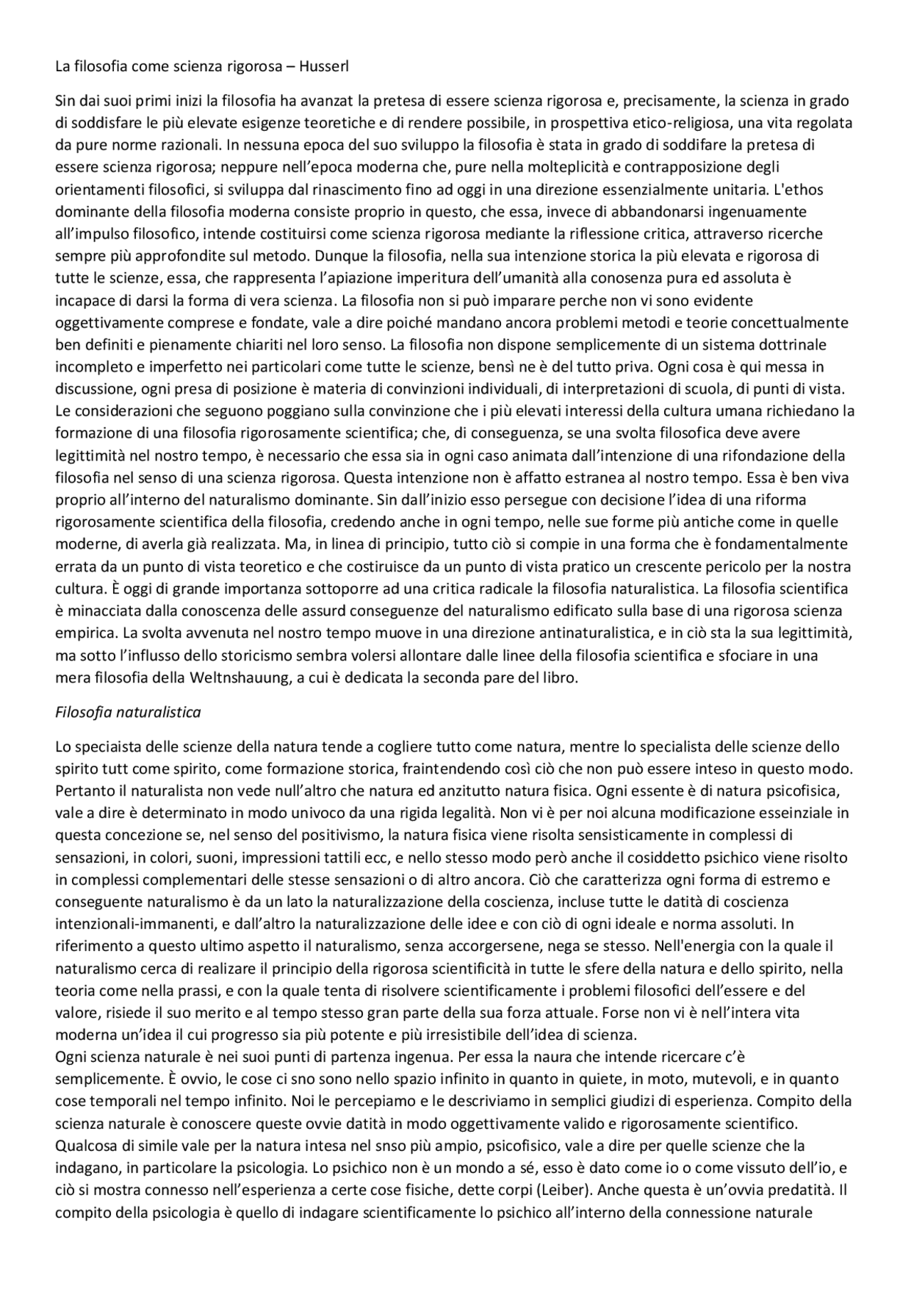 La filosofia come scienza rigorosa Husserl Dispense di Estetica