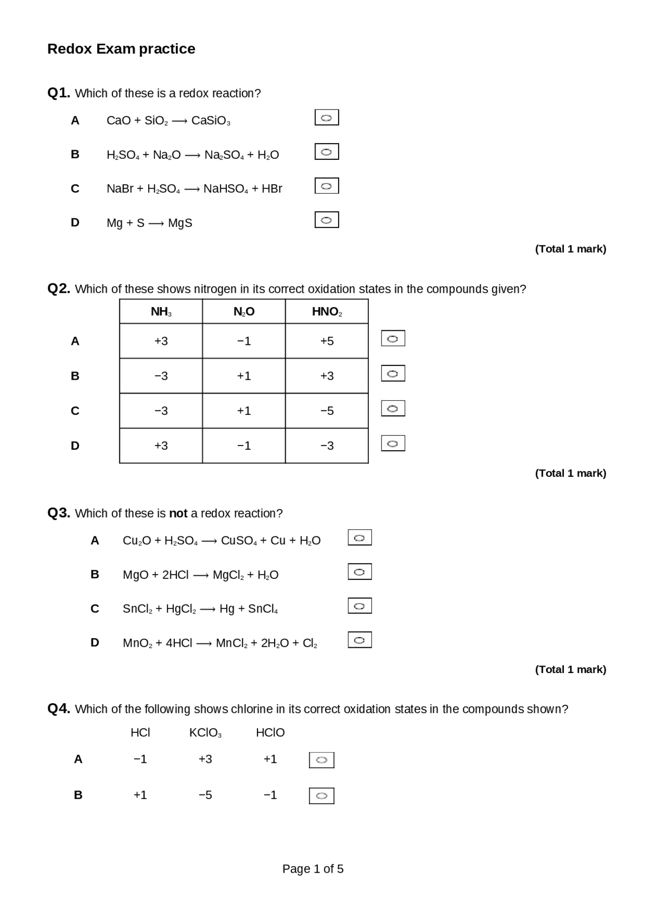 Redox examination questions - Docsity