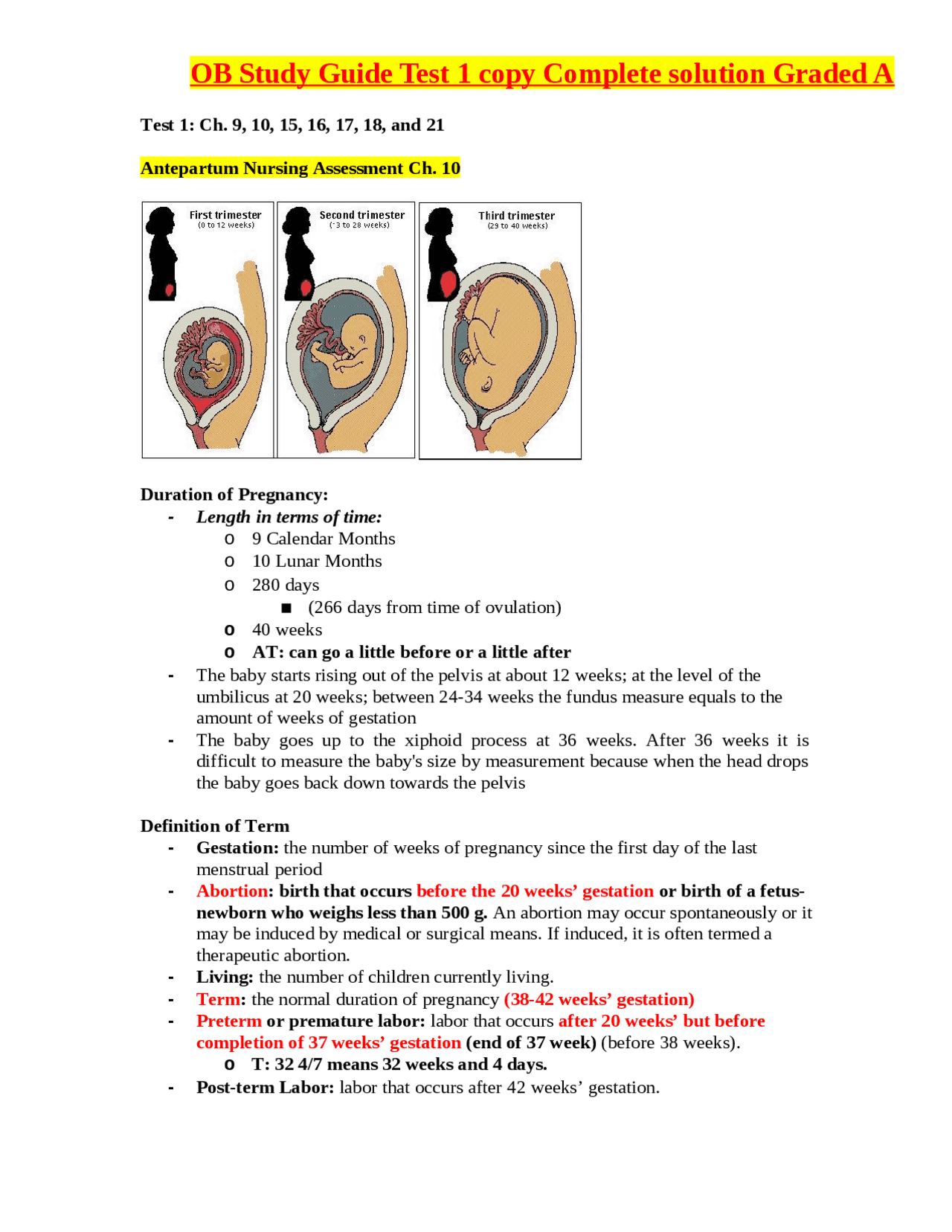 OB Study Guide Test 1 copy Complete solution Graded A | Exams Nursing ...