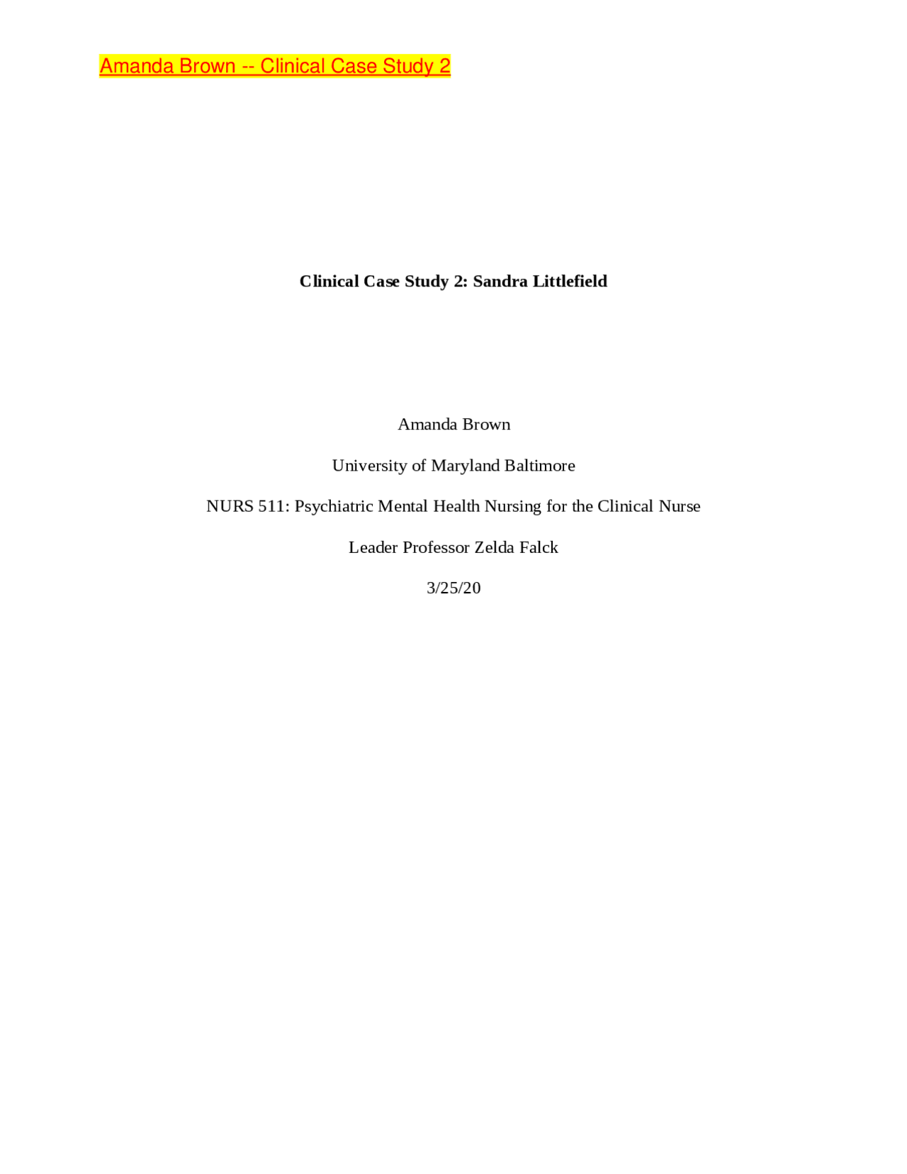 Amanda Brown -- Clinical Case Study 2 - Docsity