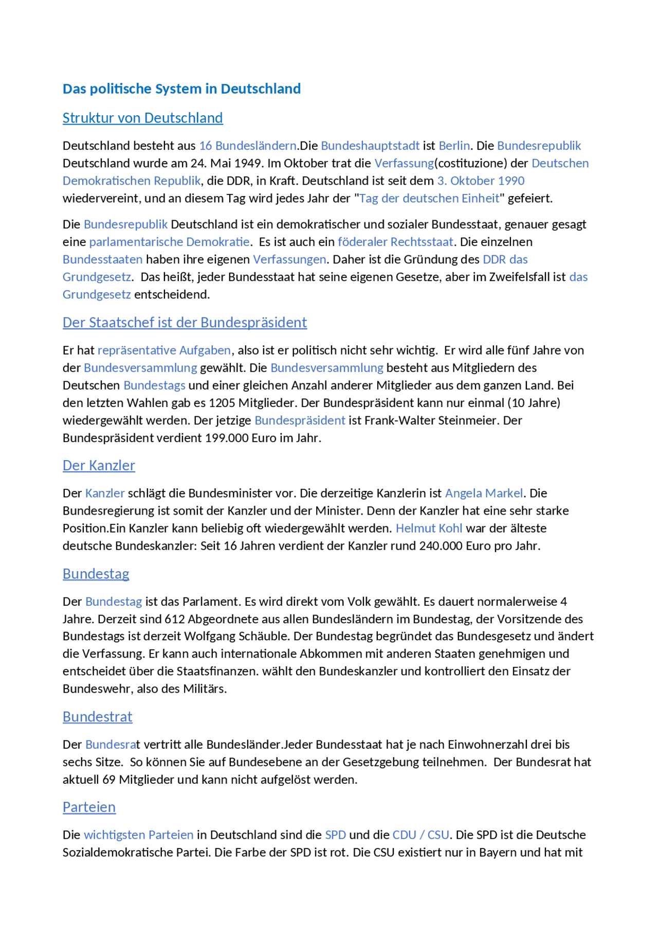Il Sistema politico tedesco- Das politische System in Deutschland - Docsity