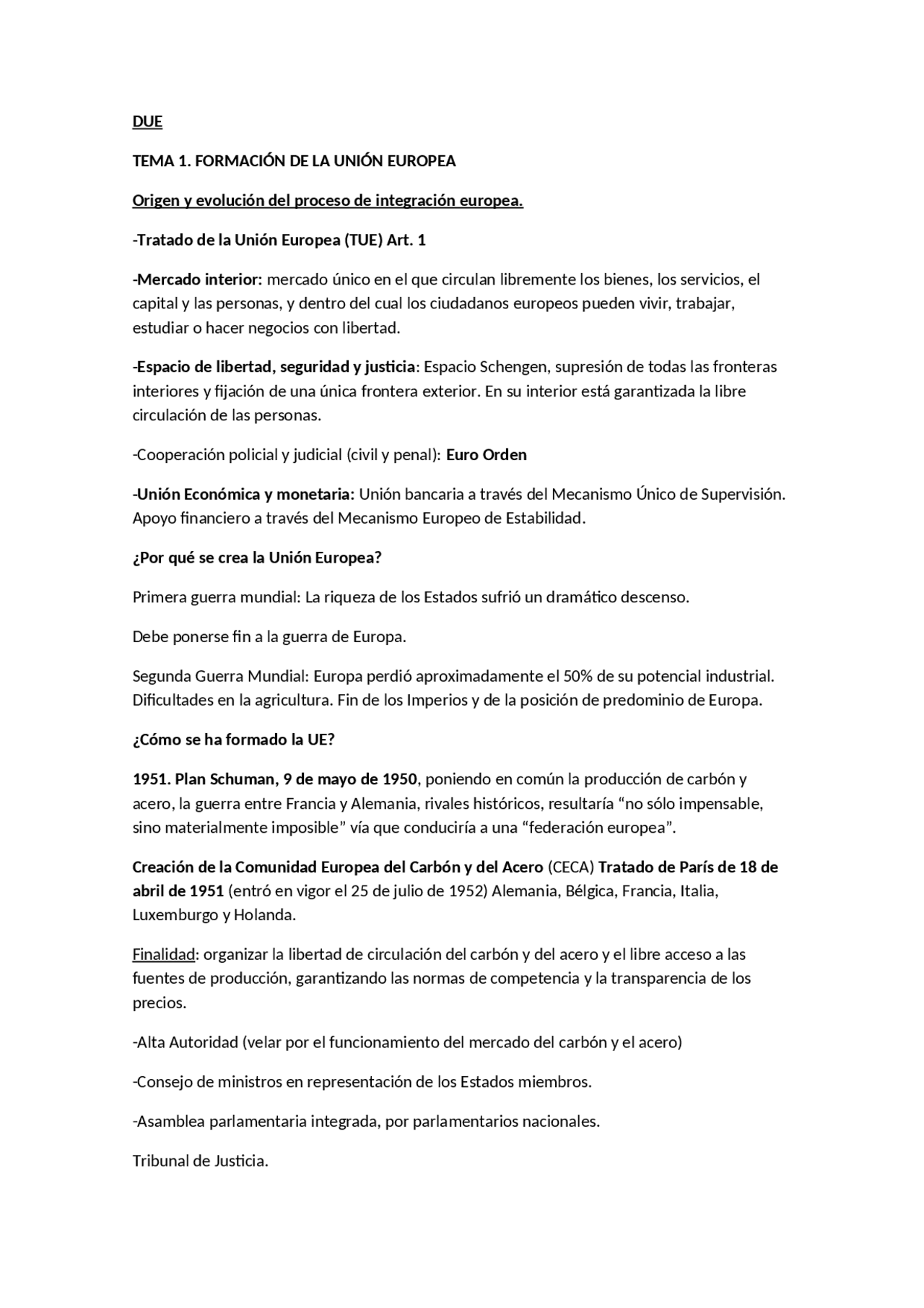 Apuntes tema 1 de Derecho de la Unión Europea - Docsity