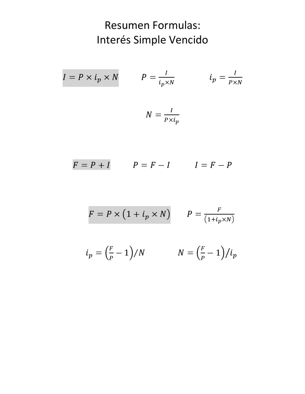Formulas Interes simple vencido - Docsity