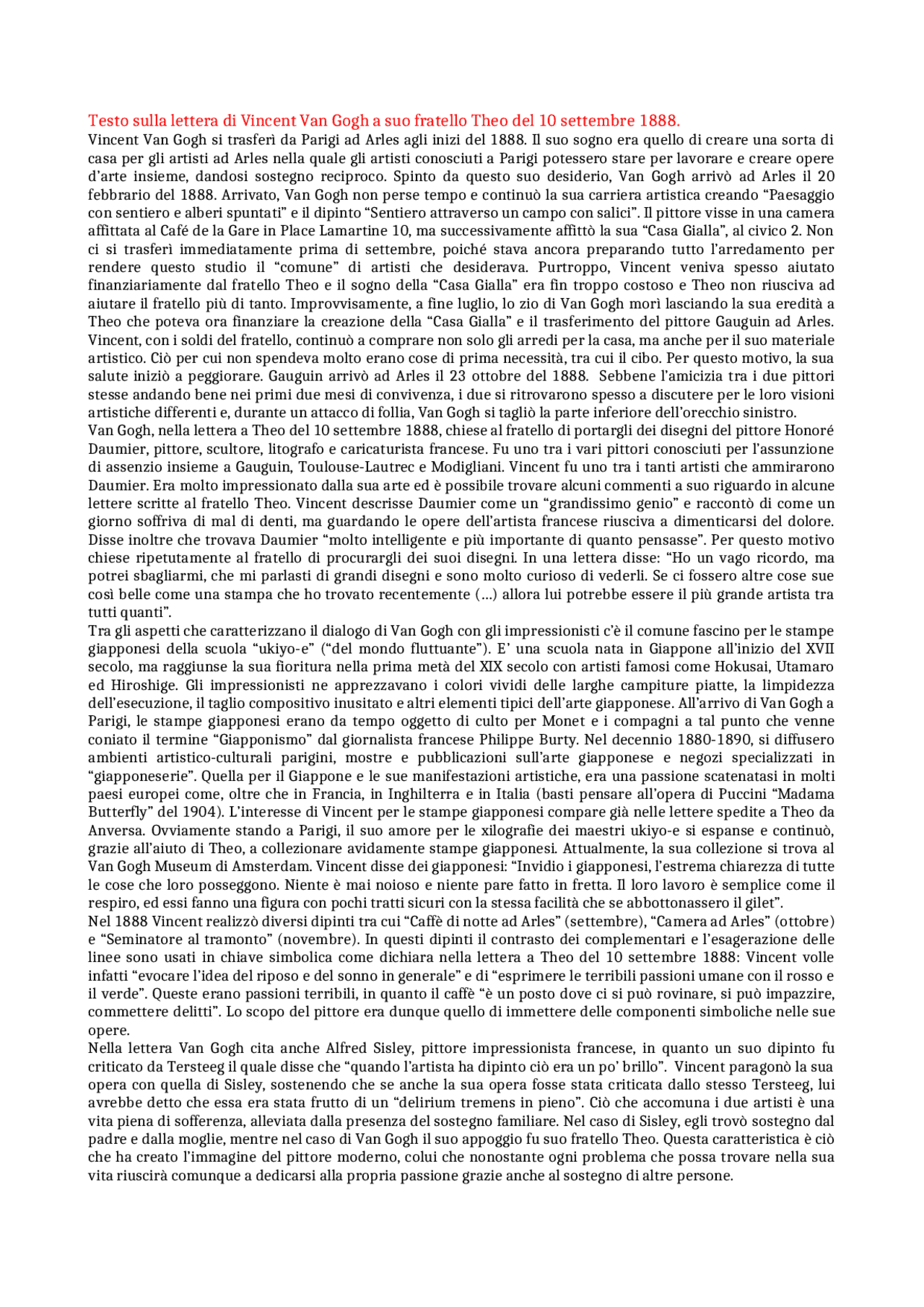 Lettera di Van Gogh a suo fratello Theo Docsity