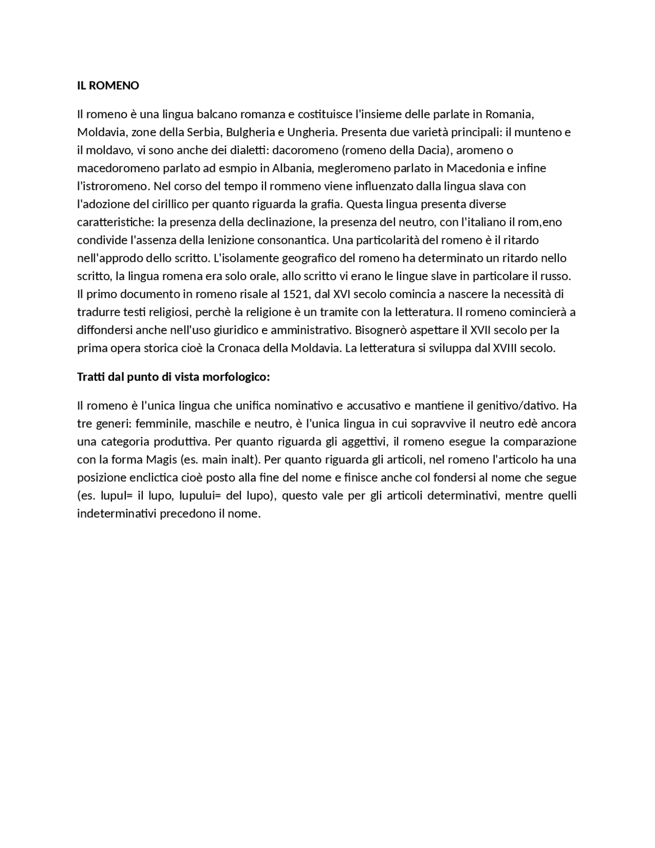 Appunti della lingua romena e della sua morfologia Docsity