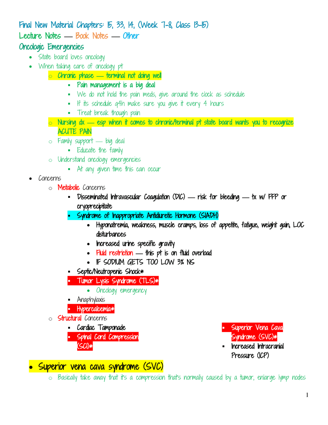 Oncologic Emergencies Lecture Notes | Exams Nursing | Docsity