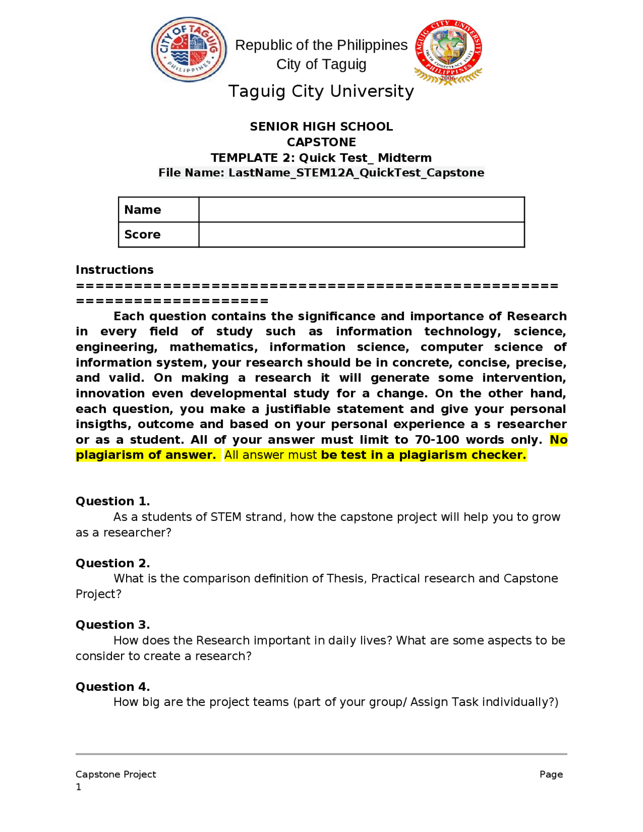 Java Capstone Project - Chapter 1 - Docsity