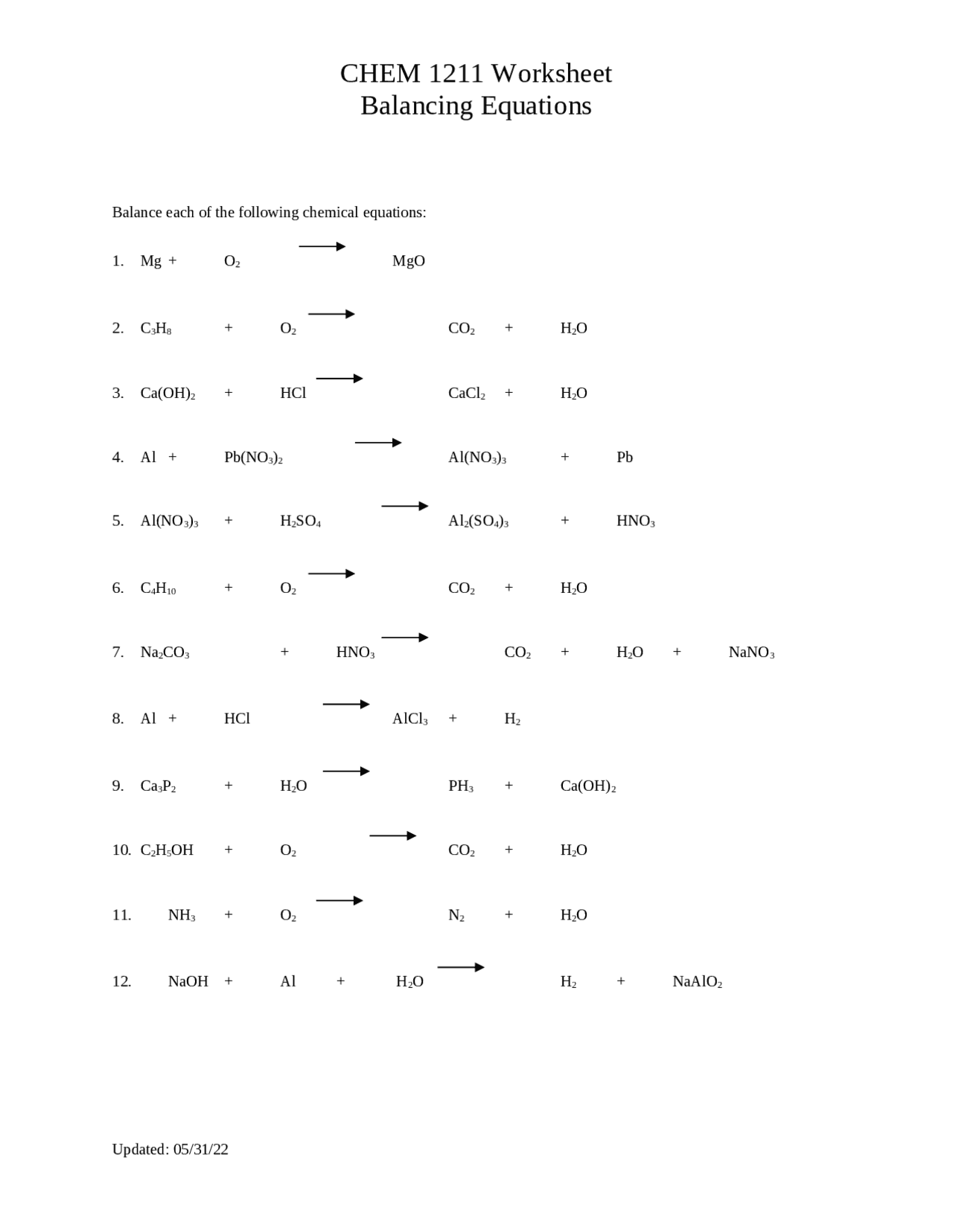 Balancing chemical equation | Quizzes Environmental science | Docsity