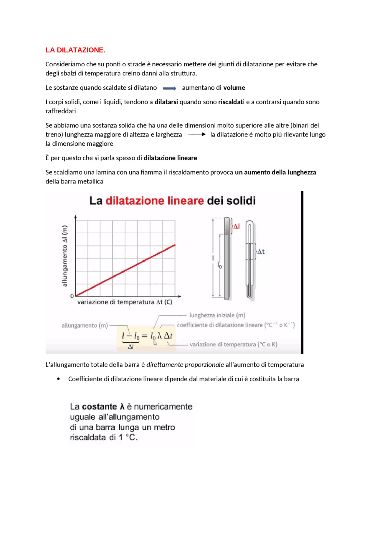 la dilatazione nei solidi | Schemi e mappe concettuali di Fisica | Docsity