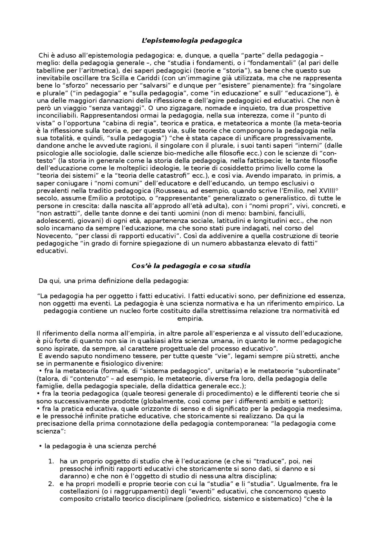 La pedagogia come scienza Sintesi del corso di Pedagogia Docsity