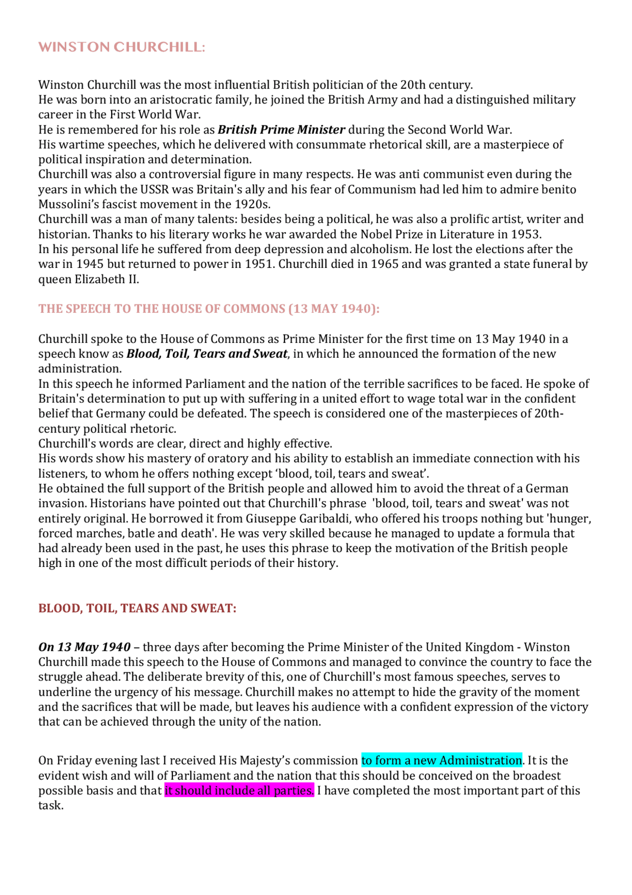 WINSTON CHURCHILL AND THE SPEECH TO THE HOUSE OF COMMONS - Docsity
