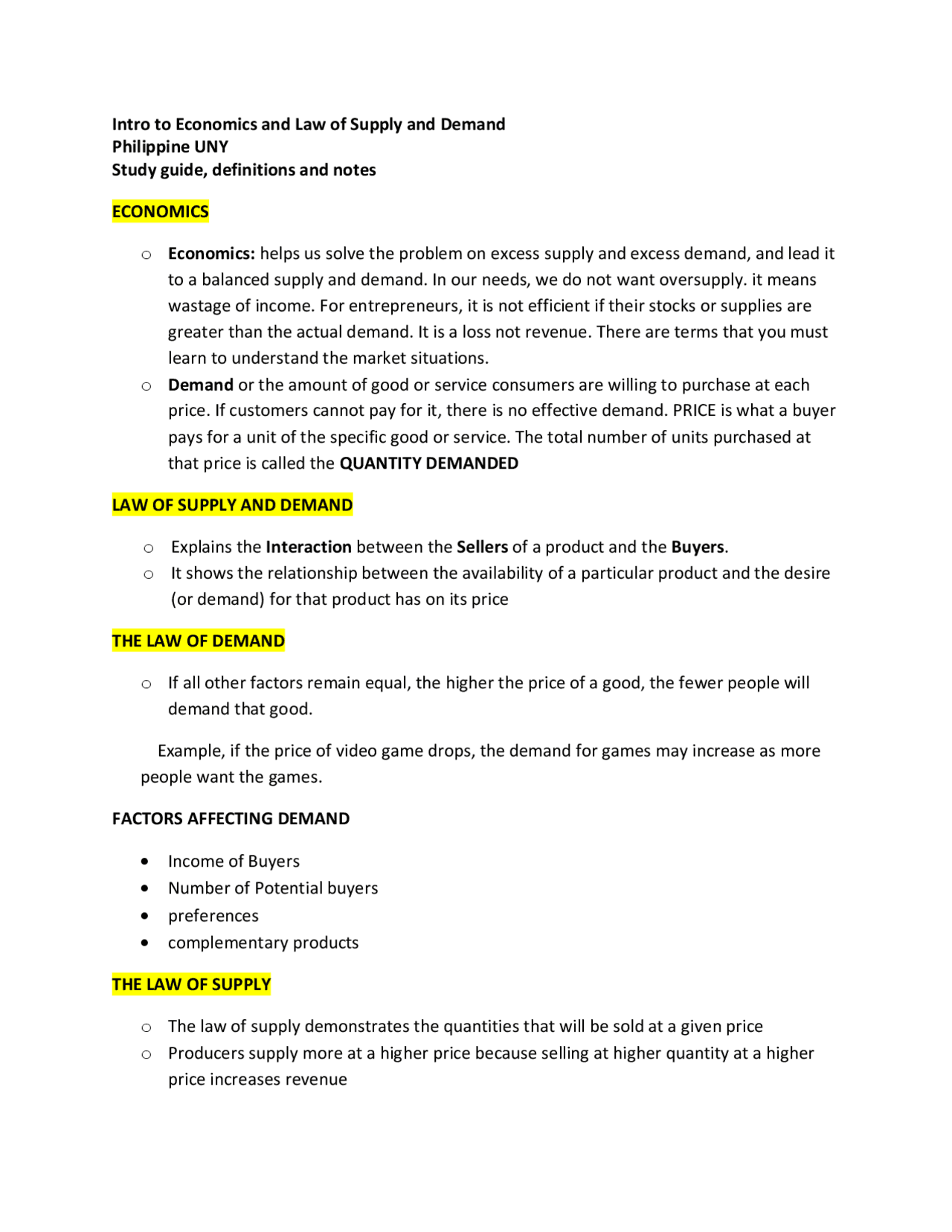 Economics and law of supply and demand - Docsity