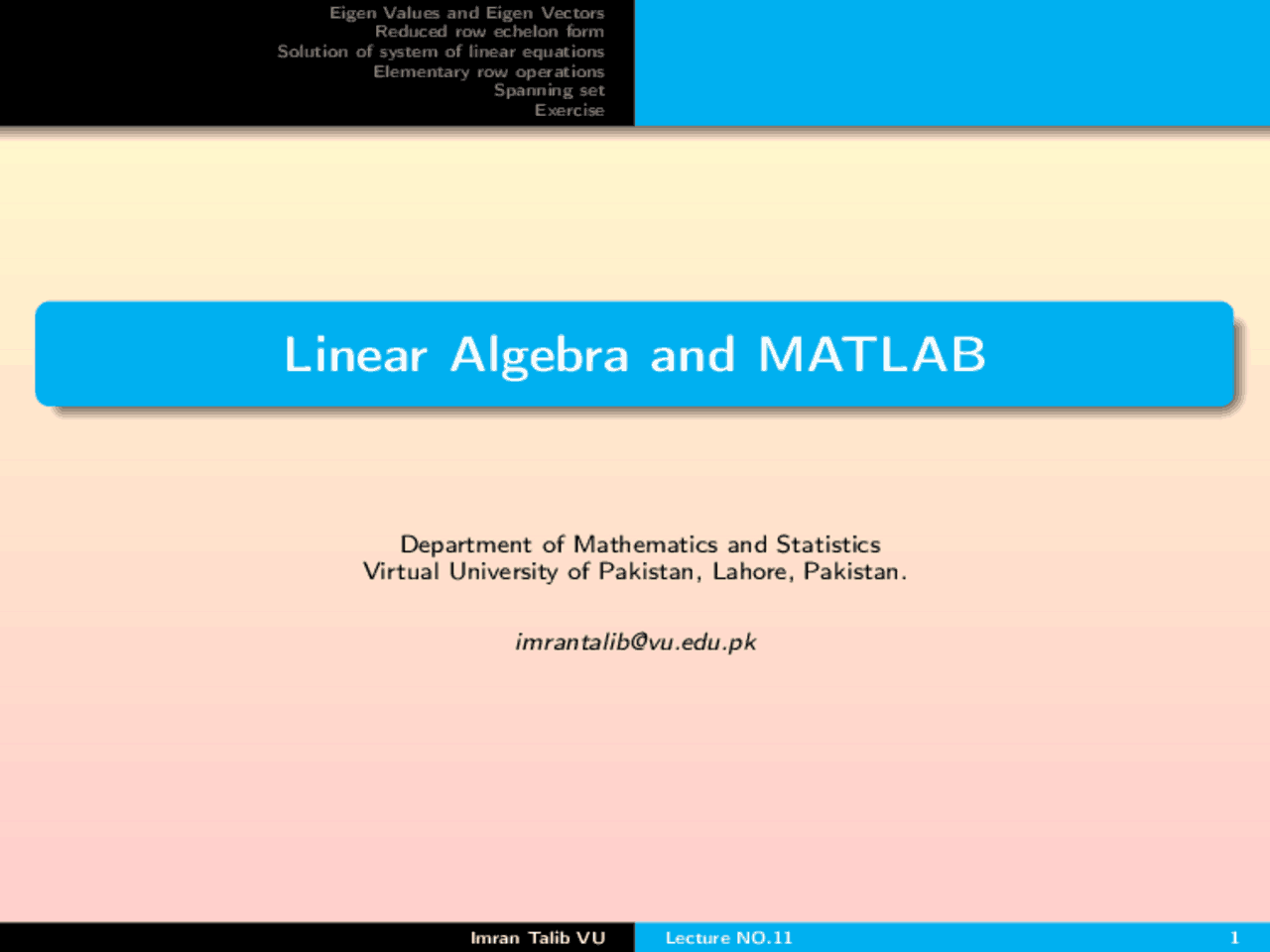 Linear Algebra and Matlab Virtual University of Pakistan - Docsity