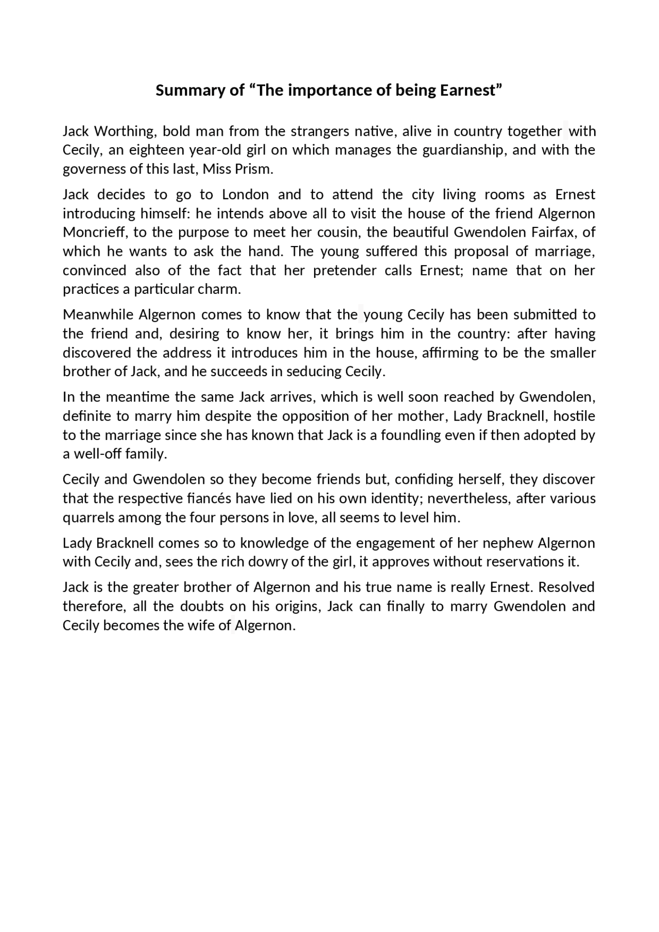 Summary the importance of being earnest - Docsity