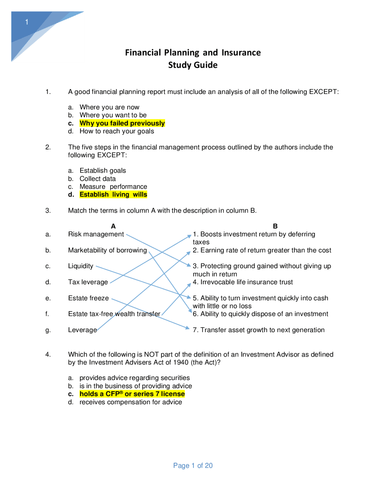 Financial Planning and Insurance Study Guide. | Exams Nursing | Docsity