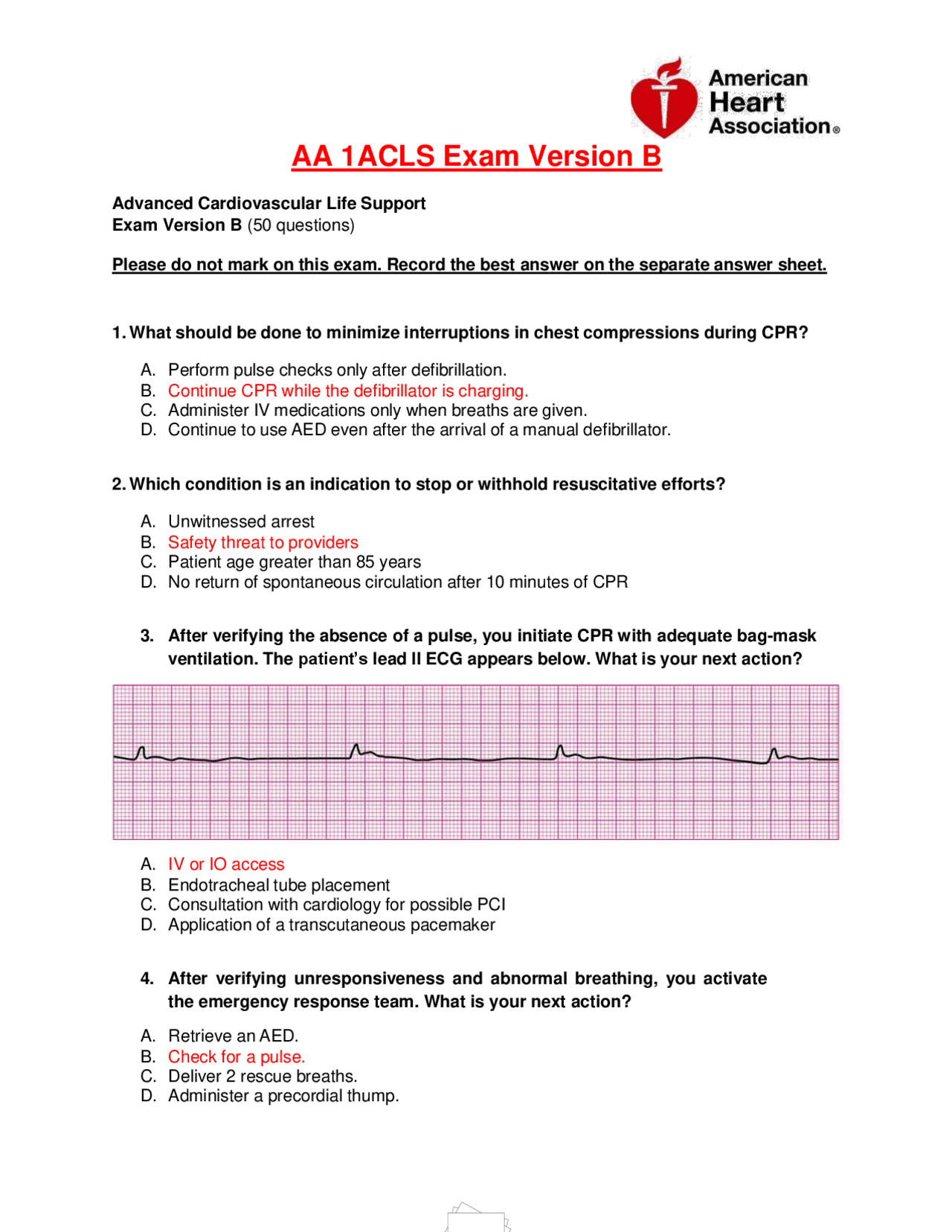 AA 1 ACLS Exam Version B ALL ANSWERS CORRECT RATED 100% | Exams Nursing ...