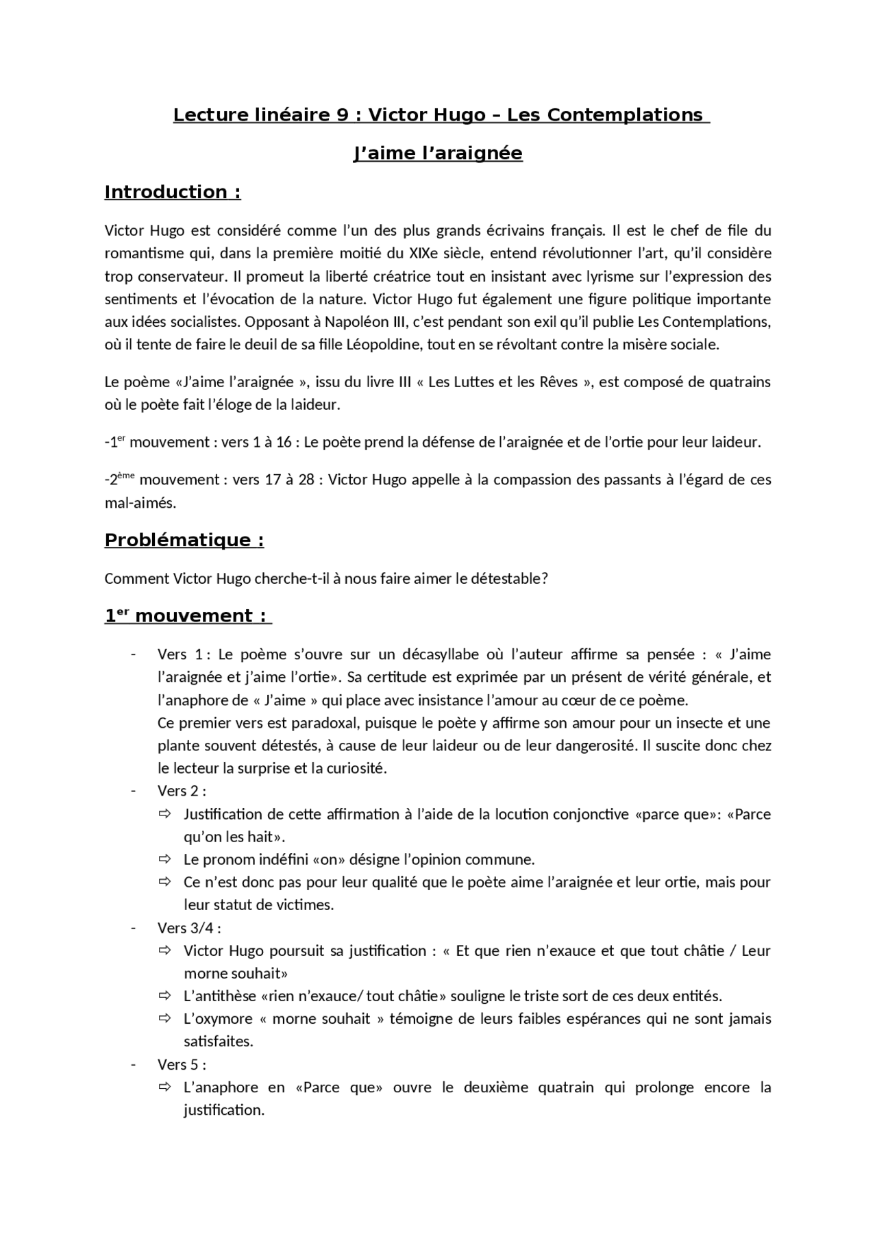 J aime L araignée Et J aime L ortie Explication Lineaire Lecture linéaire : Victor Hugo – Les Contemplations - J'aime l'araignée |  Notes Français | Docsity