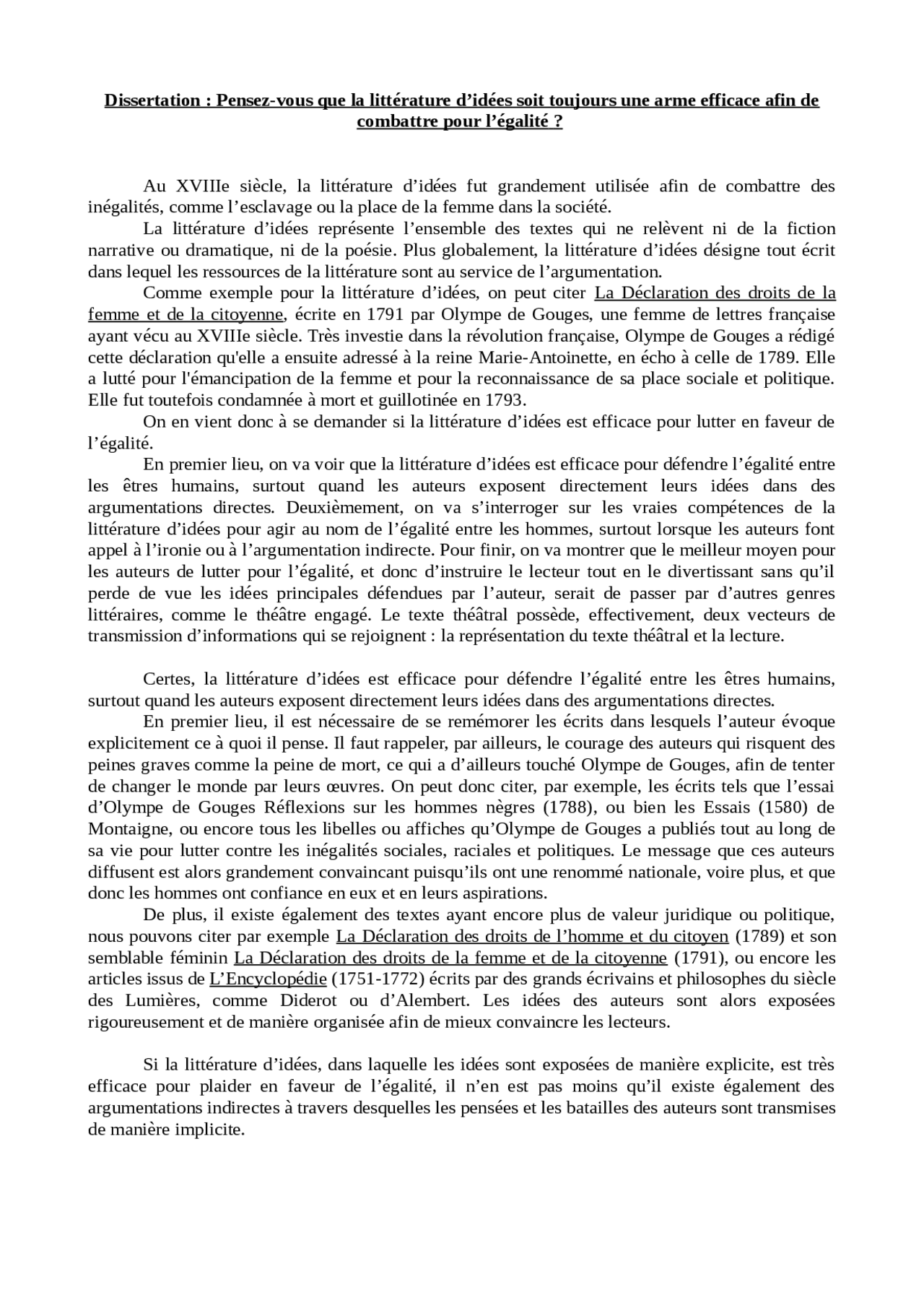 La Littérature Est elle Une Tribune Efficace Pour Dénoncer Les Inégalités Dissertation : Littérature d'idées | Dissertation Français | Docsity