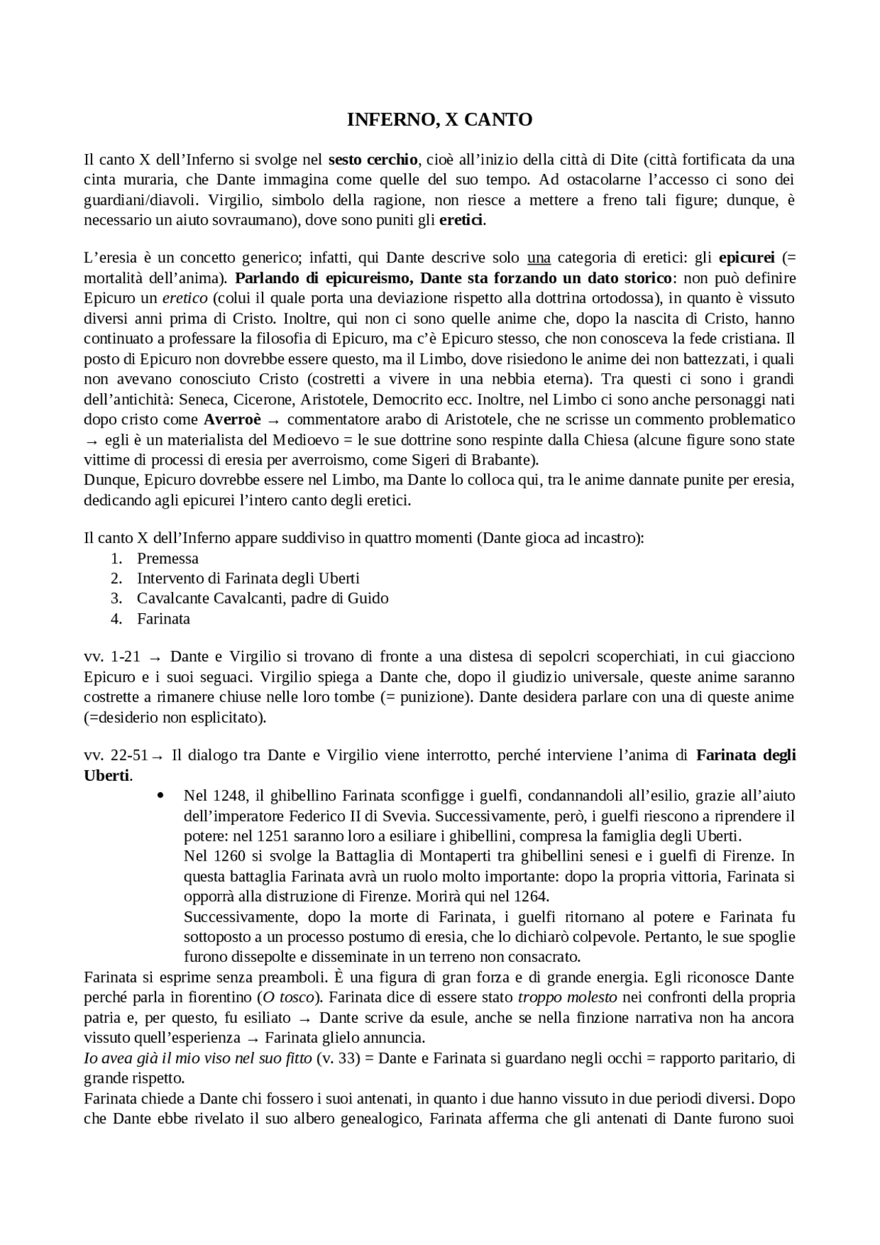 INFERNO, CANTO X SINTESI Schemi e mappe concettuali di Letteratura