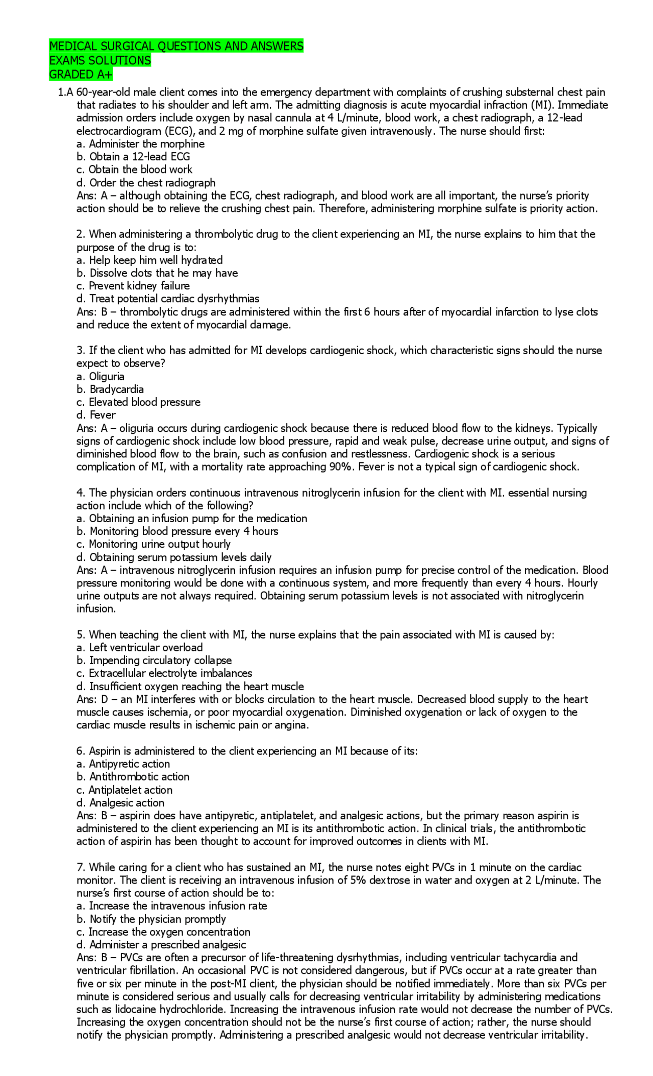 MEDICAL SURGICAL QUESTIONS AND ANSWERS Exams Nursing Docsity