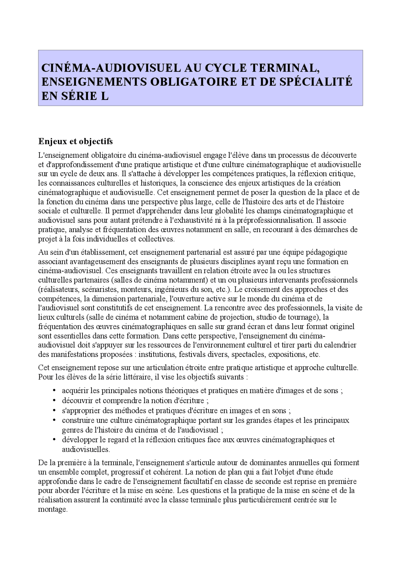 CINÉMA-AUDIOVISUEL AU CYCLE TERMINAL ... | Examens Sujets de l' Avant ...