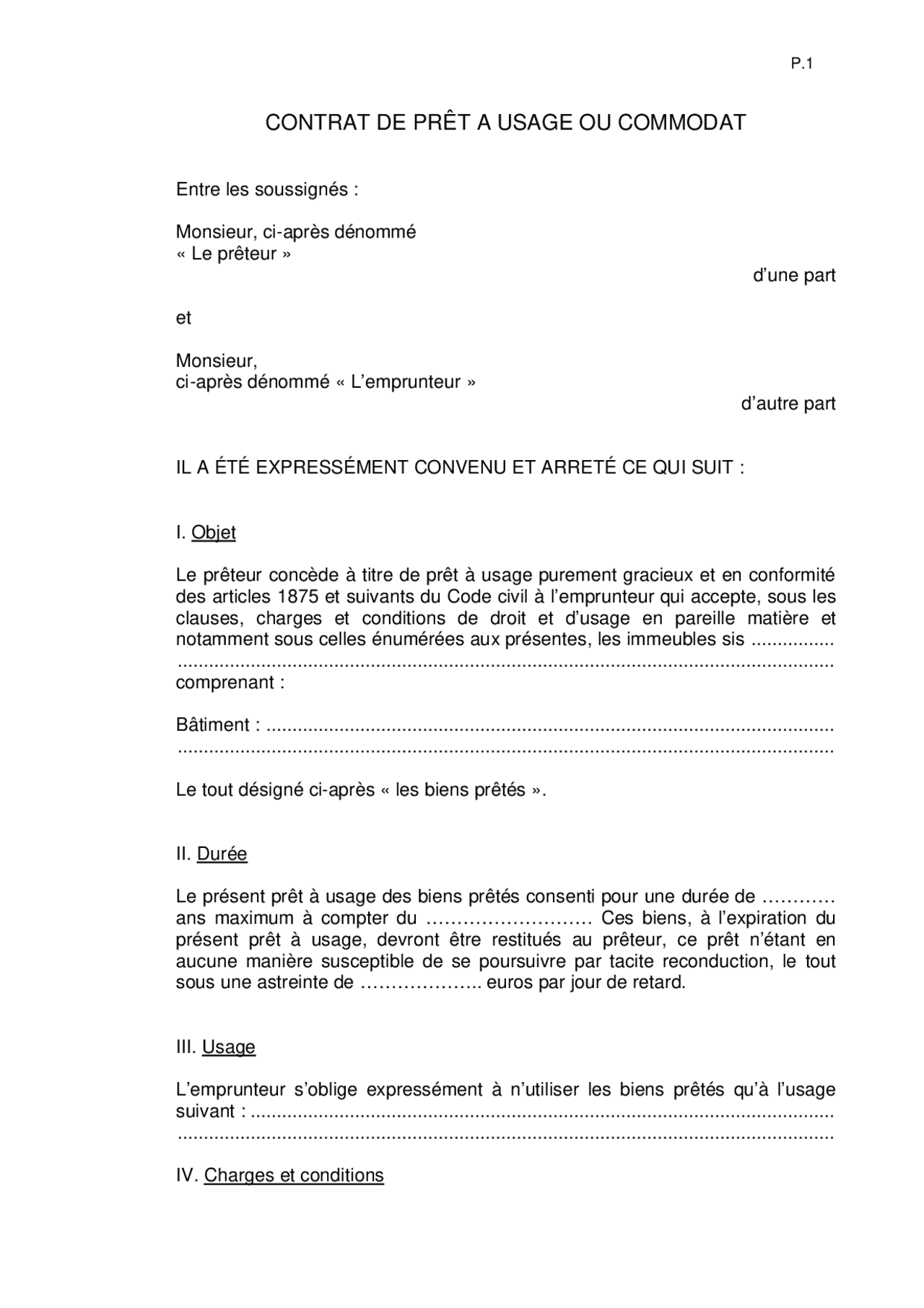 CONTRAT DE PRÊT A USAGE OU COMMODAT | Lectures Droit | Docsity