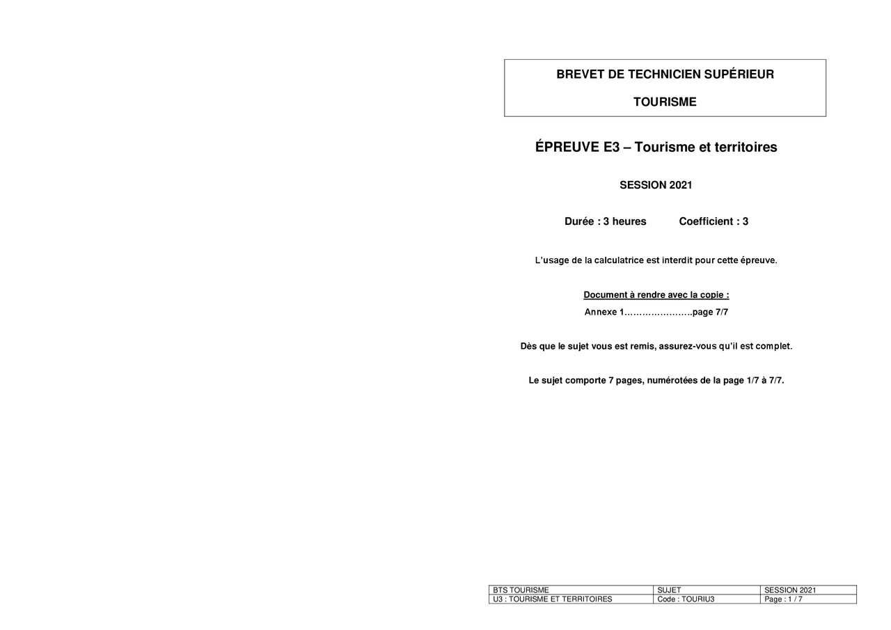 Sujet Bts Tourisme 2022 ÉPREUVE E3 – Tourisme et territoires | Résumés Évolution | Docsity