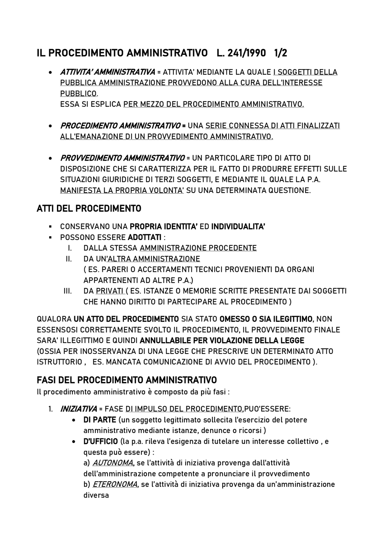 PROCEDIMENTO AMMINISTRATIVO LEGGE 241/1990 Dispense di Diritto Amministrativo Docsity
