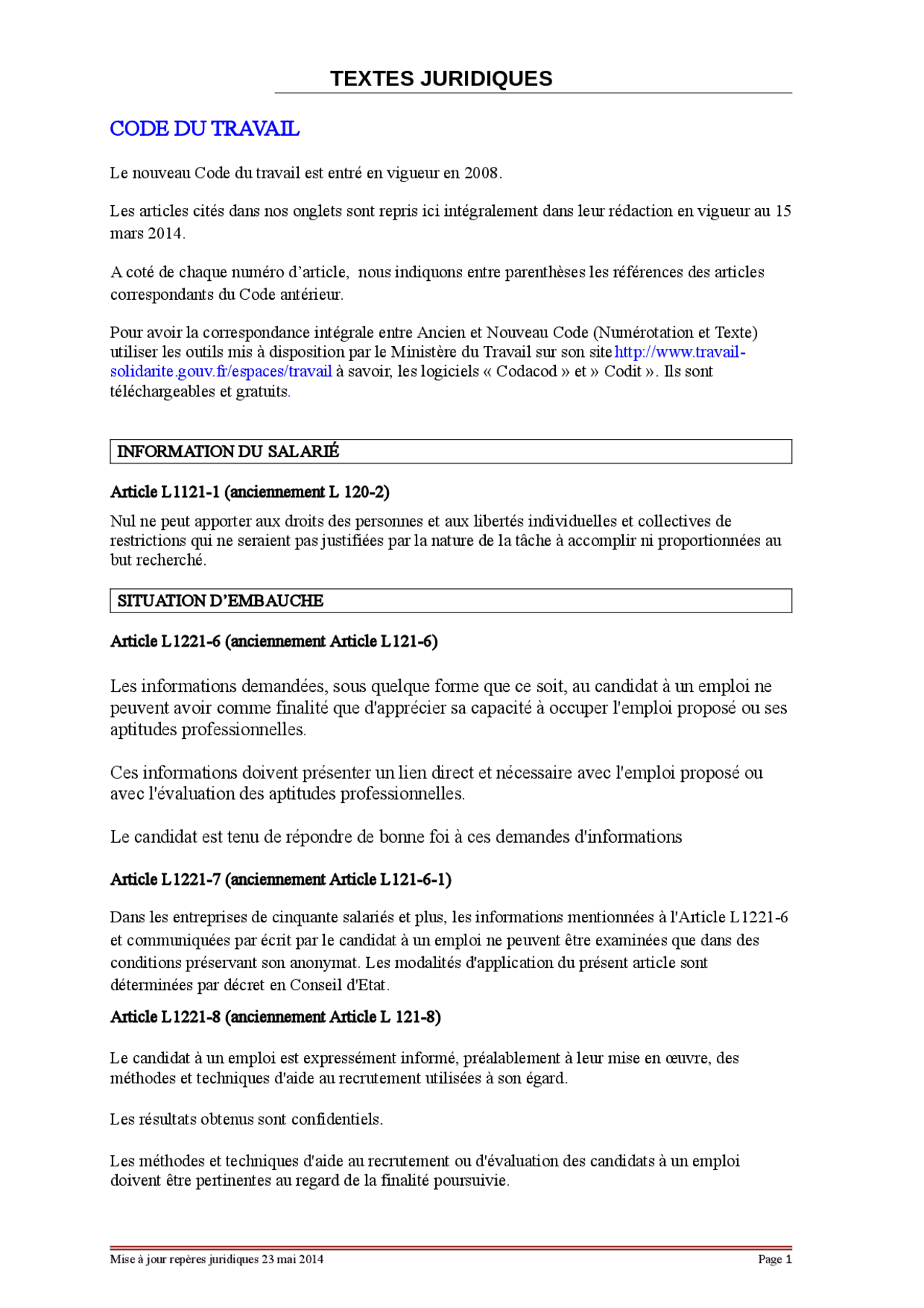 Article L1221 6 Du Code Du Travail TEXTES JURIDIQUES CODE DU TRAVAIL | Schémas Droit | Docsity