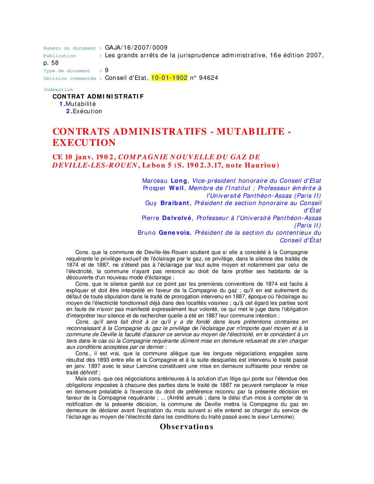 Arrêt Compagnie Nouvelle Du Gaz De Deville lès rouen CONTRATS ADMINISTRATIFS - MUTABILITE | Slides Droit | Docsity