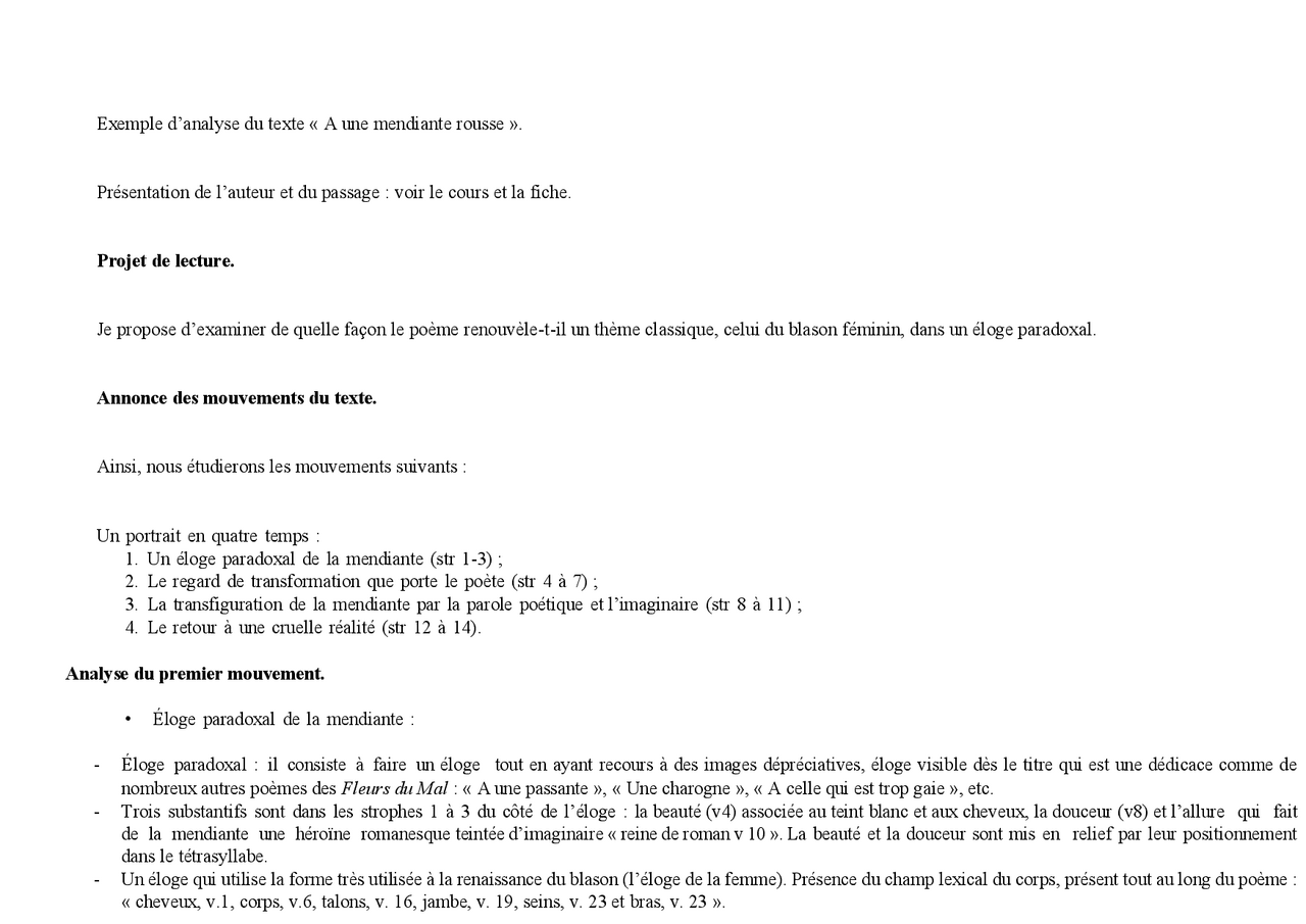 Analyse Lineaire A Une Mendiante Rousse Exemple d'analyse du texte « A une mendiante rousse ». | Slides Poésie |  Docsity