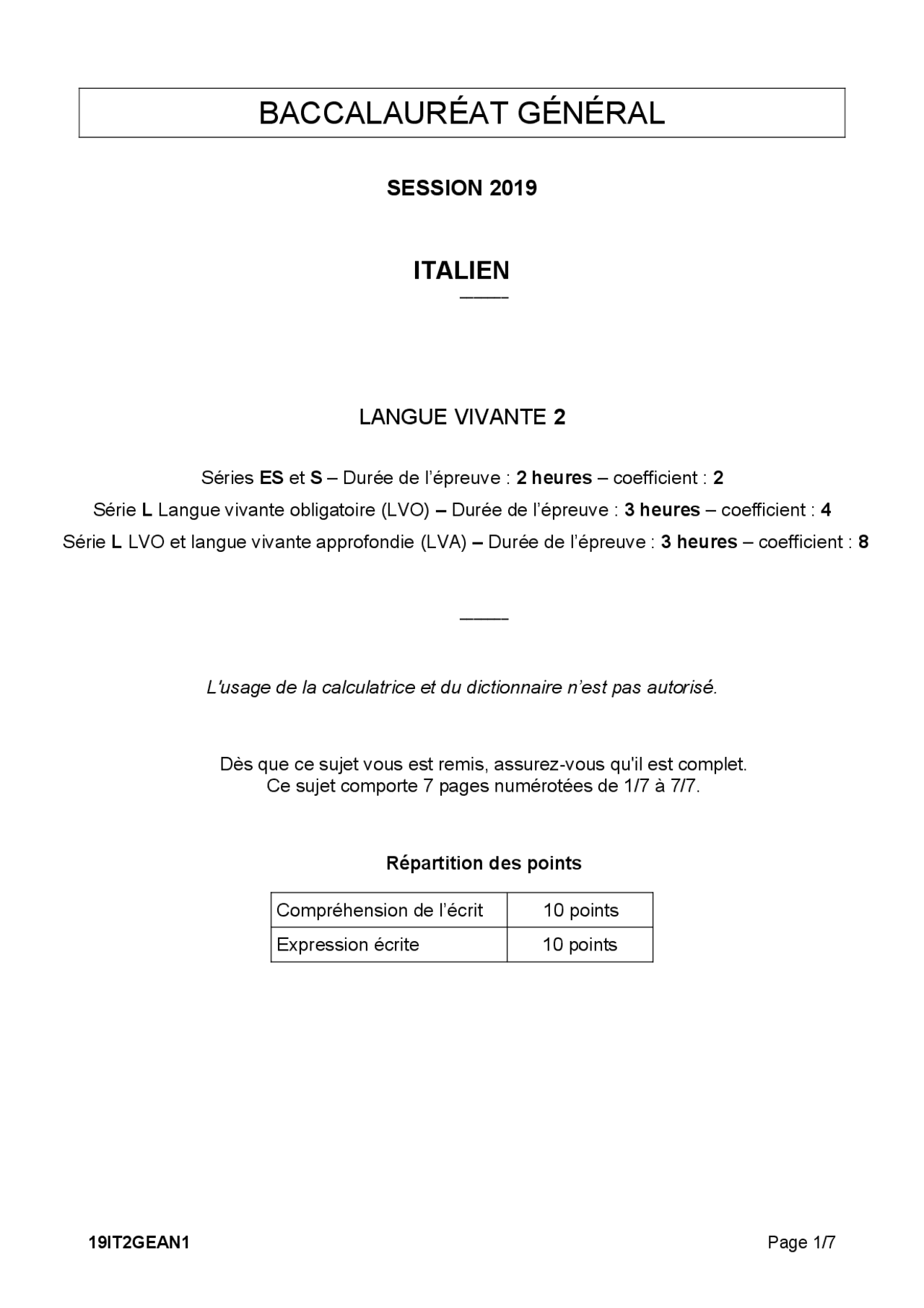 Sujet du bac S-ES-L Italien LV2 2019 | Résumés Littérature italienne ...