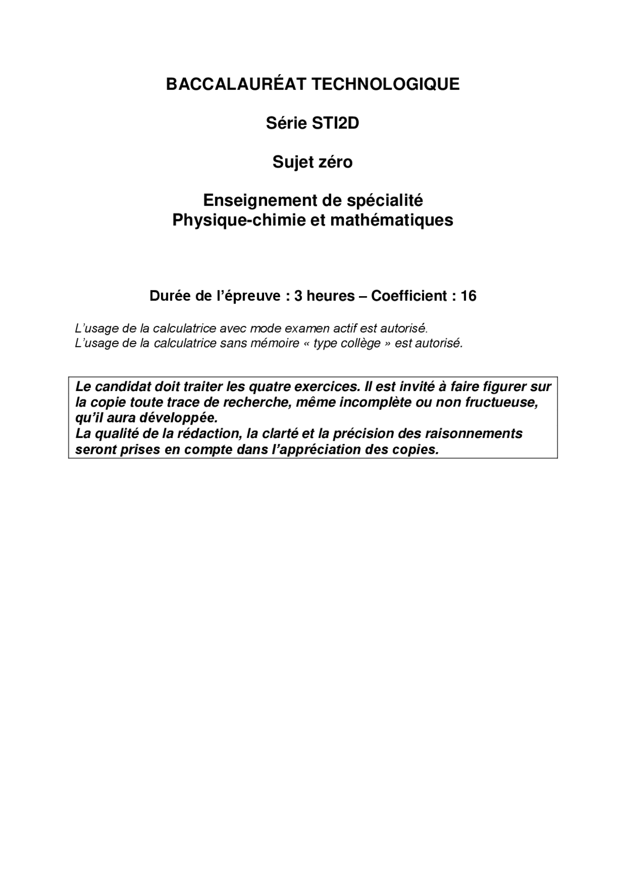 Sujet 0 Bac 2021 Spécialité Physique Chimie BACCALAURÉAT TECHNOLOGIQUE Série STI2D Sujet zéro ... | Esquemas Física |  Docsity