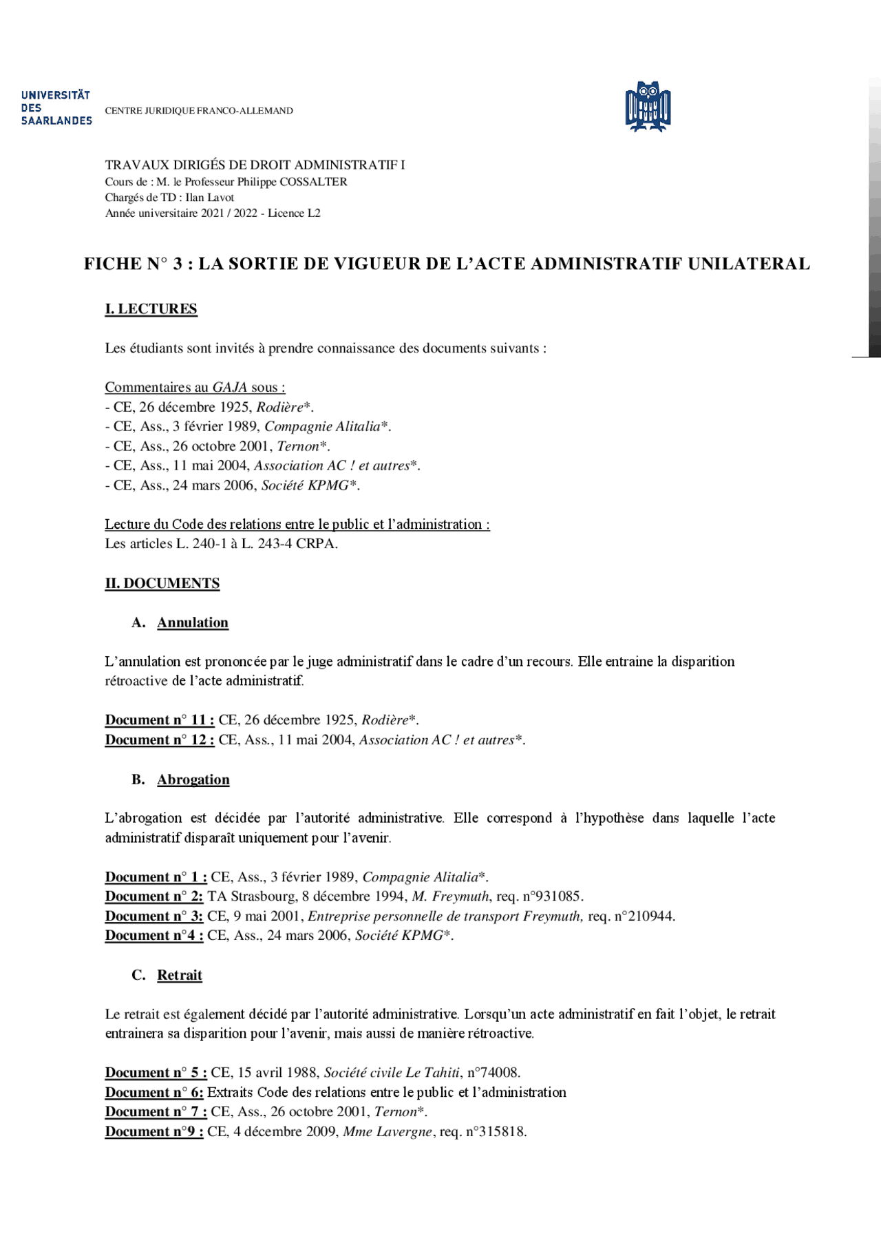 La Sortie De Vigueur Des Actes Administratifs Unilatéraux LA SORTIE DE VIGUEUR DE L'ACTE ADMINISTRATIF ... | Lectures Droit | Docsity