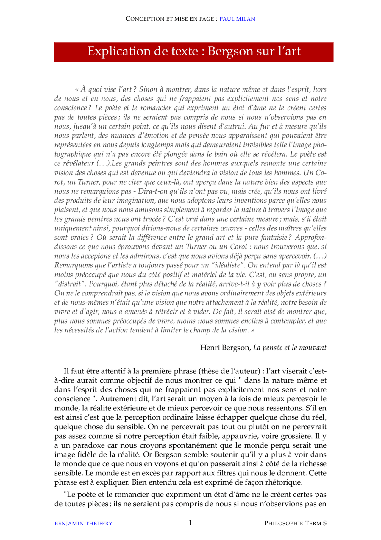 Corrigé Explication De Texte Bergson La Pensée Et Le Mouvant