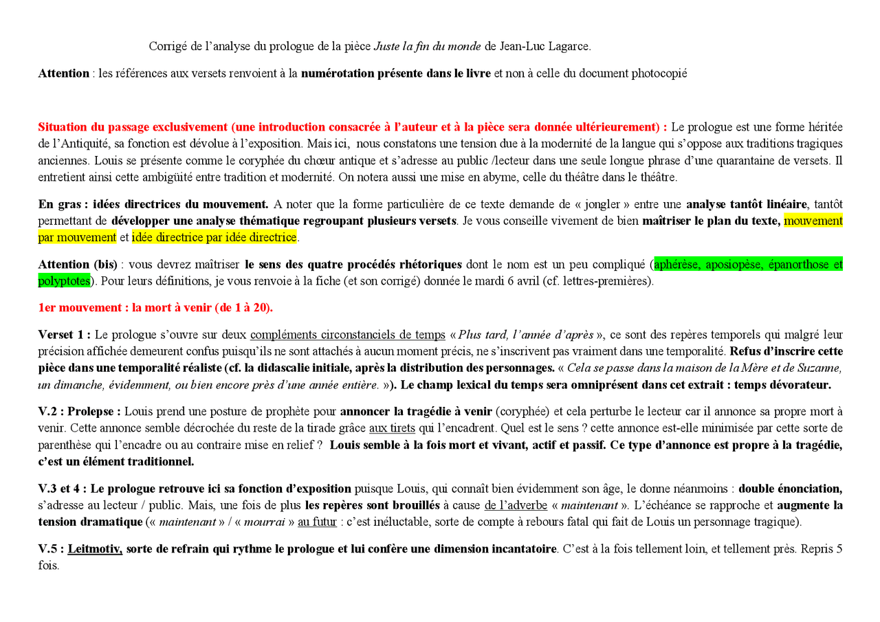 Analyse Linéaire Prologue Juste La Fin Du Monde Pdf Corrigé de l'analyse du prologue de la pièce Juste la fin du ... | Notes  Principes de conception du théâtre | Docsity