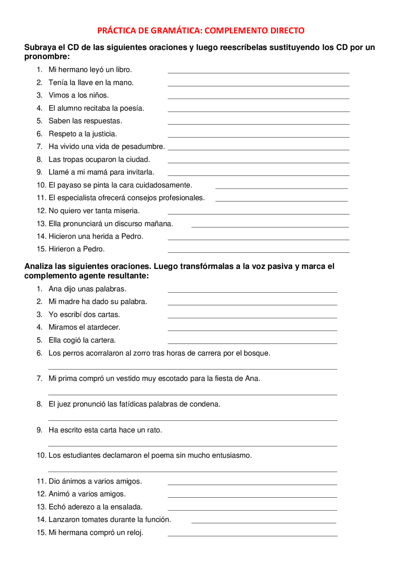 Practica de complemento directo | Ejercicios de Lenguaje y práctica ...