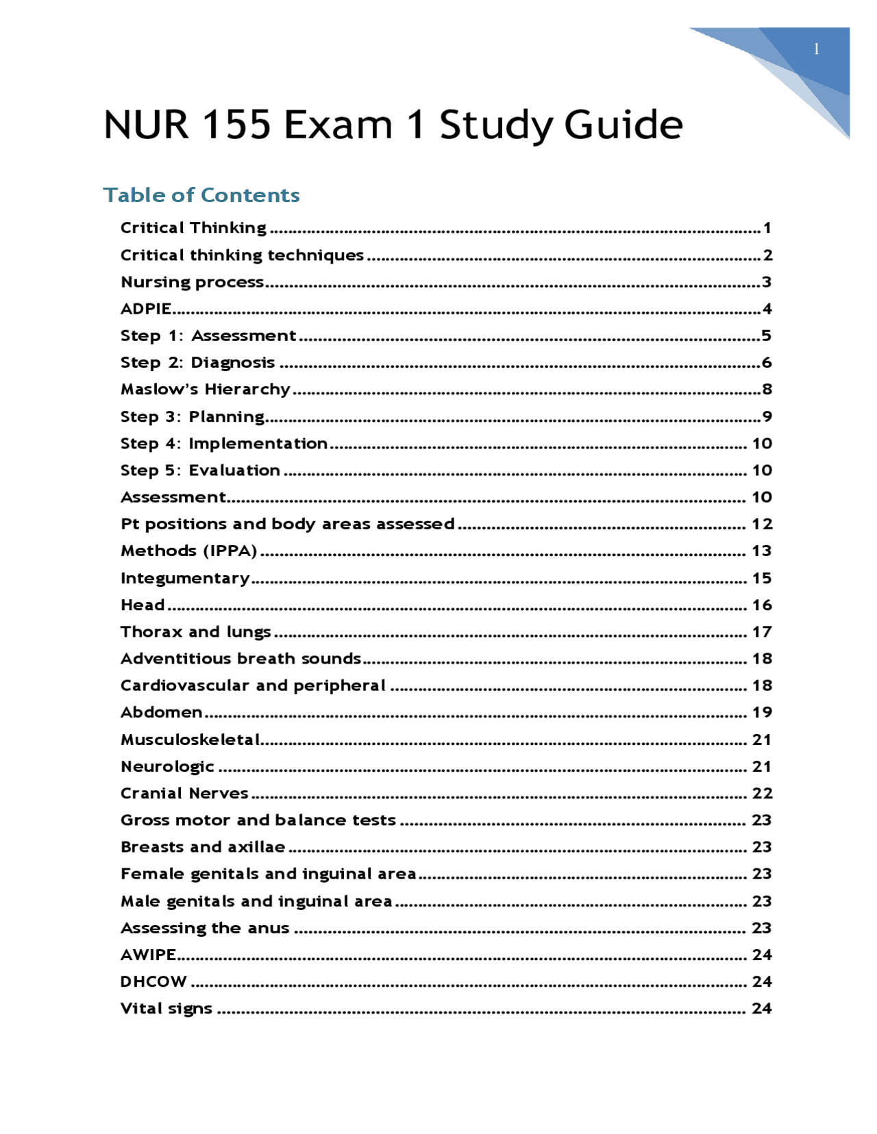 NUR155 Exam 1 Study Guide | Exams Nursing | Docsity